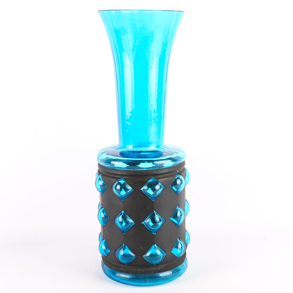 Vintage Blue Glass and Metal Wrapped Vase