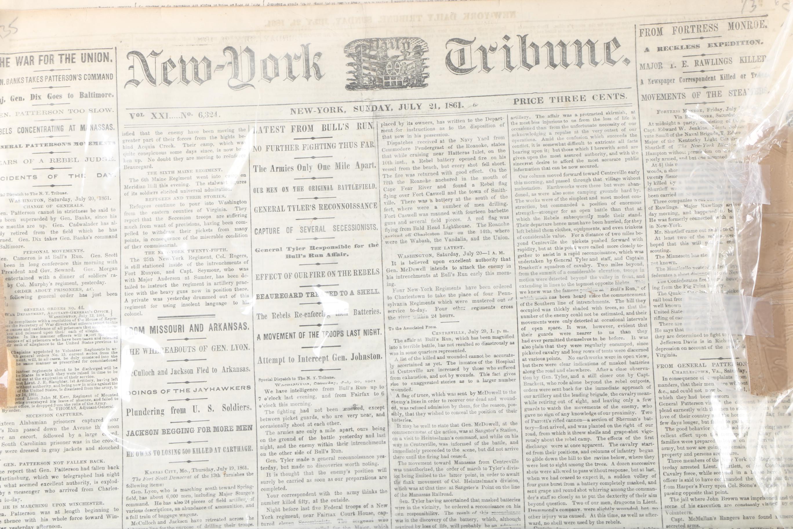 1861 "New York Tribune" Newspaper Excerpt Covering First Battle of Bull Run