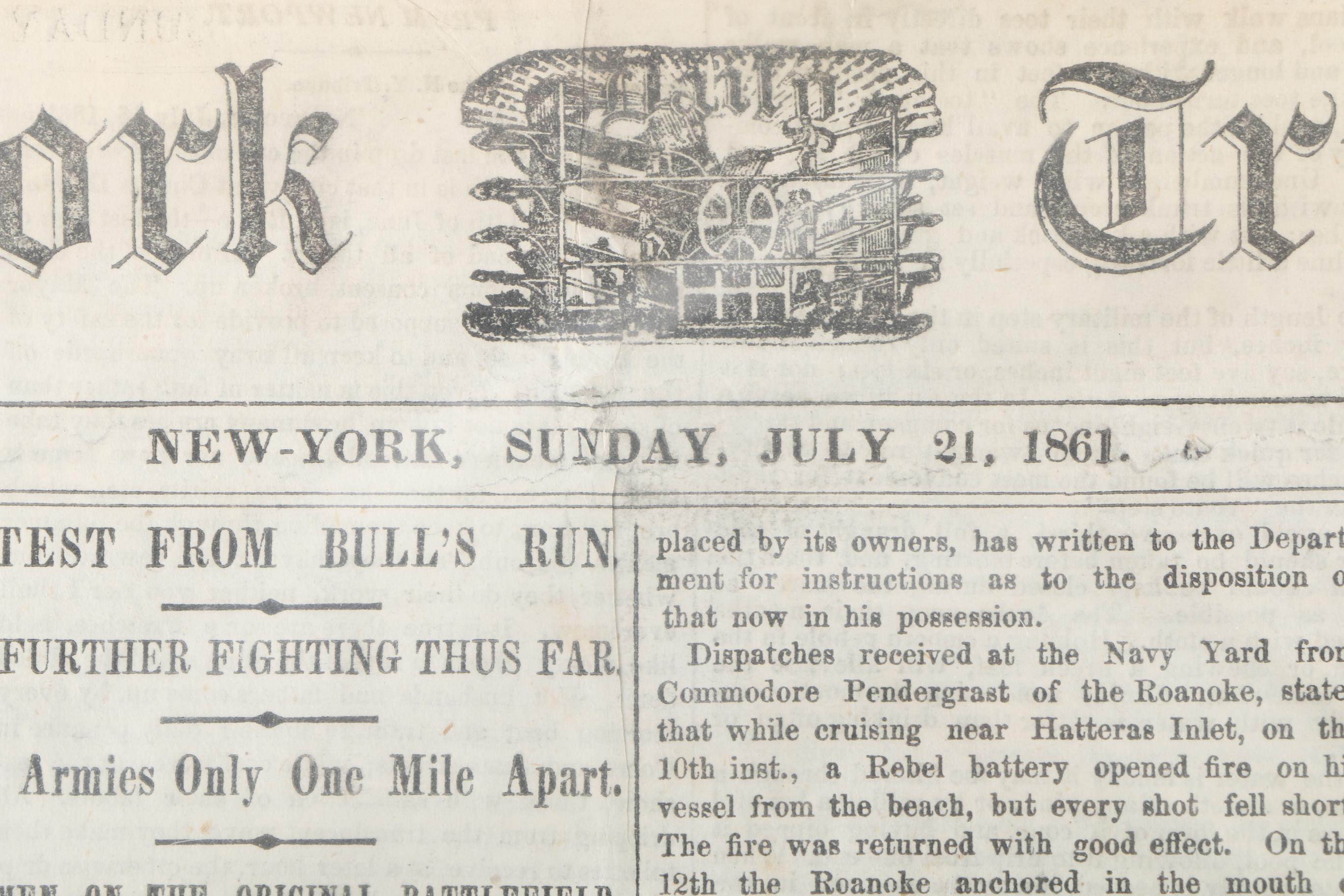 1861 "New York Tribune" Newspaper Excerpt Covering First Battle of Bull Run