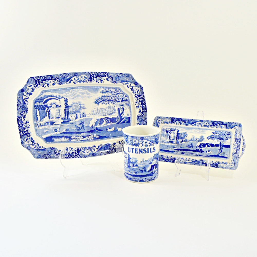 Spode Blue Italian Trays and Utensil Holder