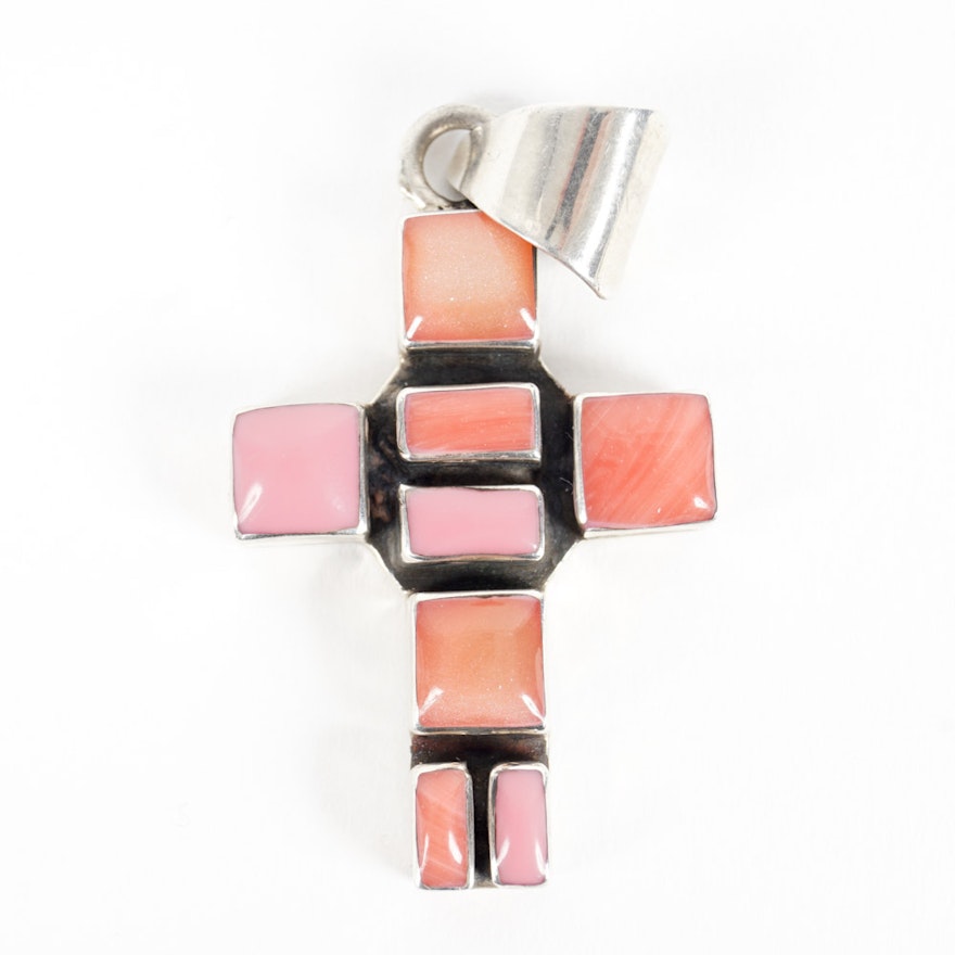Sterling and Mother of Pearl and Spiny Oyster Shell Cross Pendant