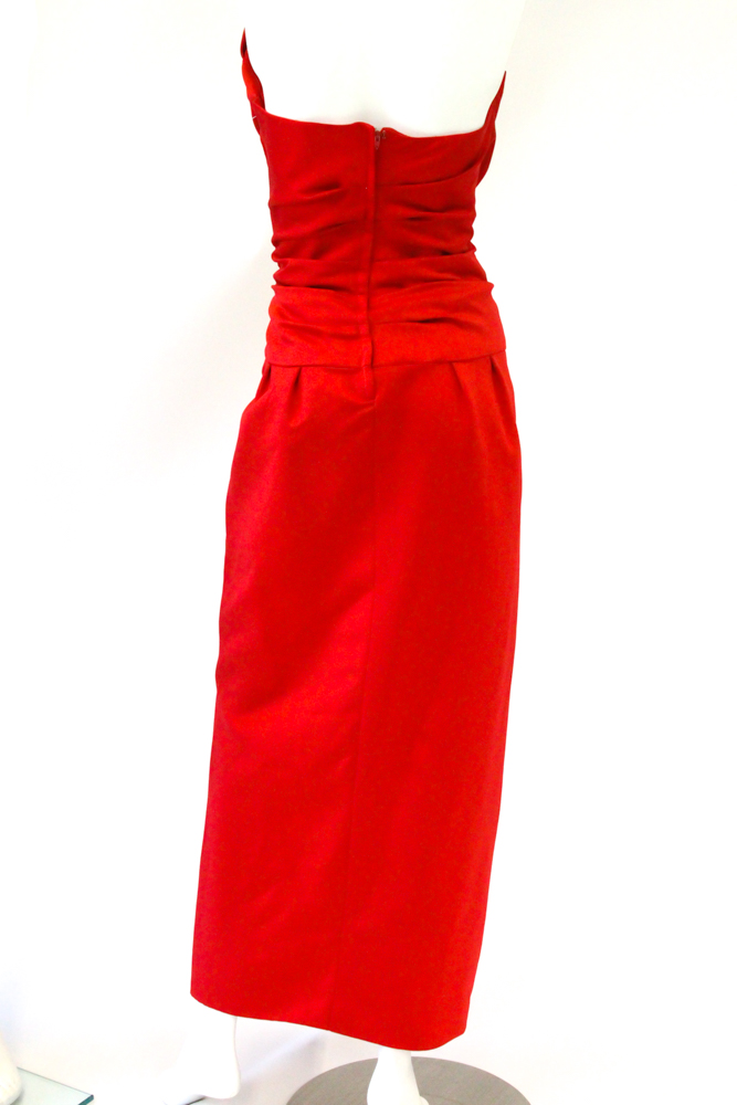 Vintage Victor Costa Red Satin Strapless Evening Dress