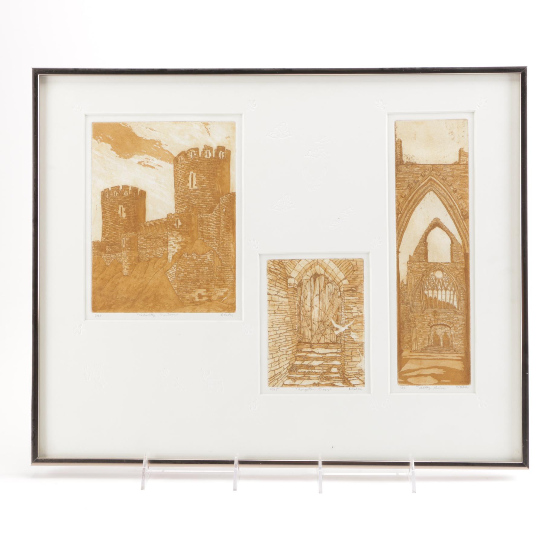 S. Tabler Aquatints "Ghostly Fortress", "Forgotten Door" and "Abbey Ruins"