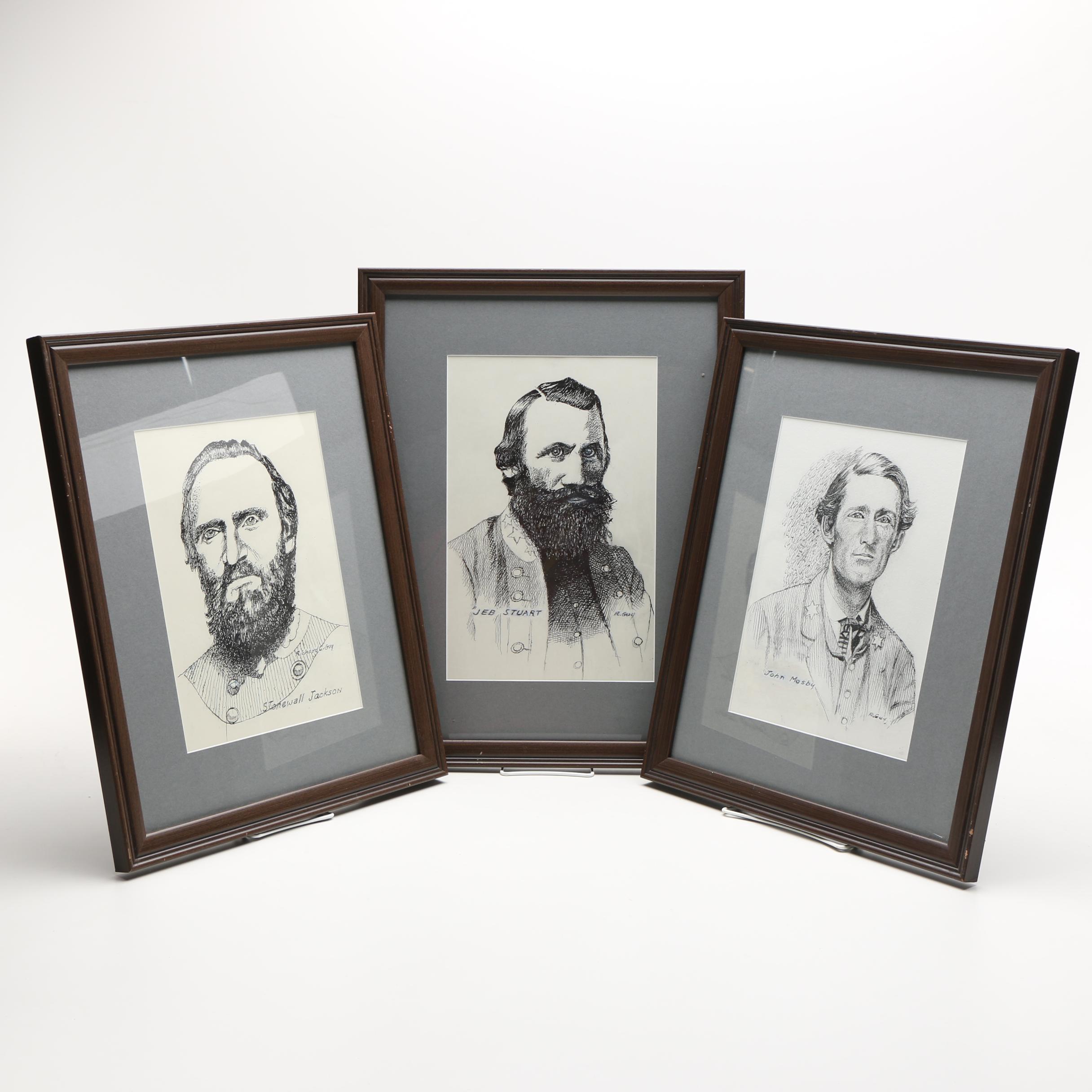 Richard Guy Original Pen and Ink Drawings of Civil War Figures