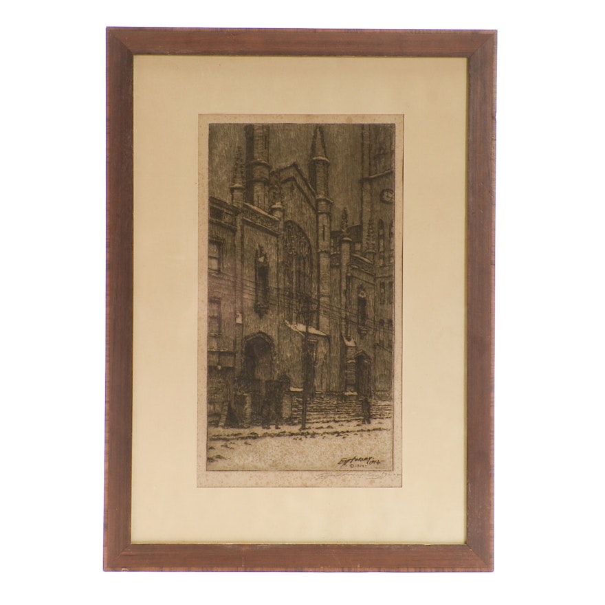 E. T. Hurley Signed 1914 Etching "Christ Church"