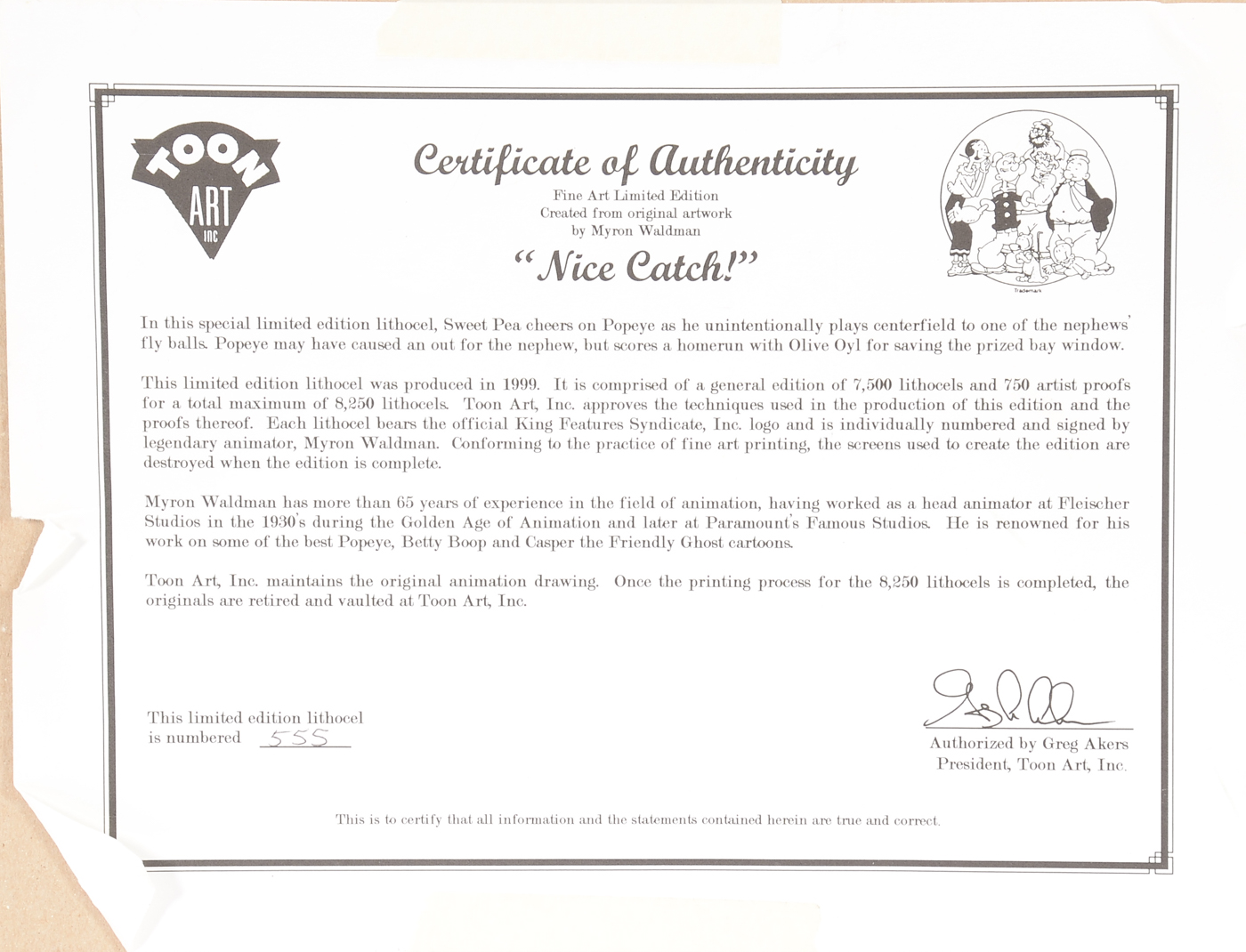 Limited Edition Reproduction of a "Popeye" Animation Cel