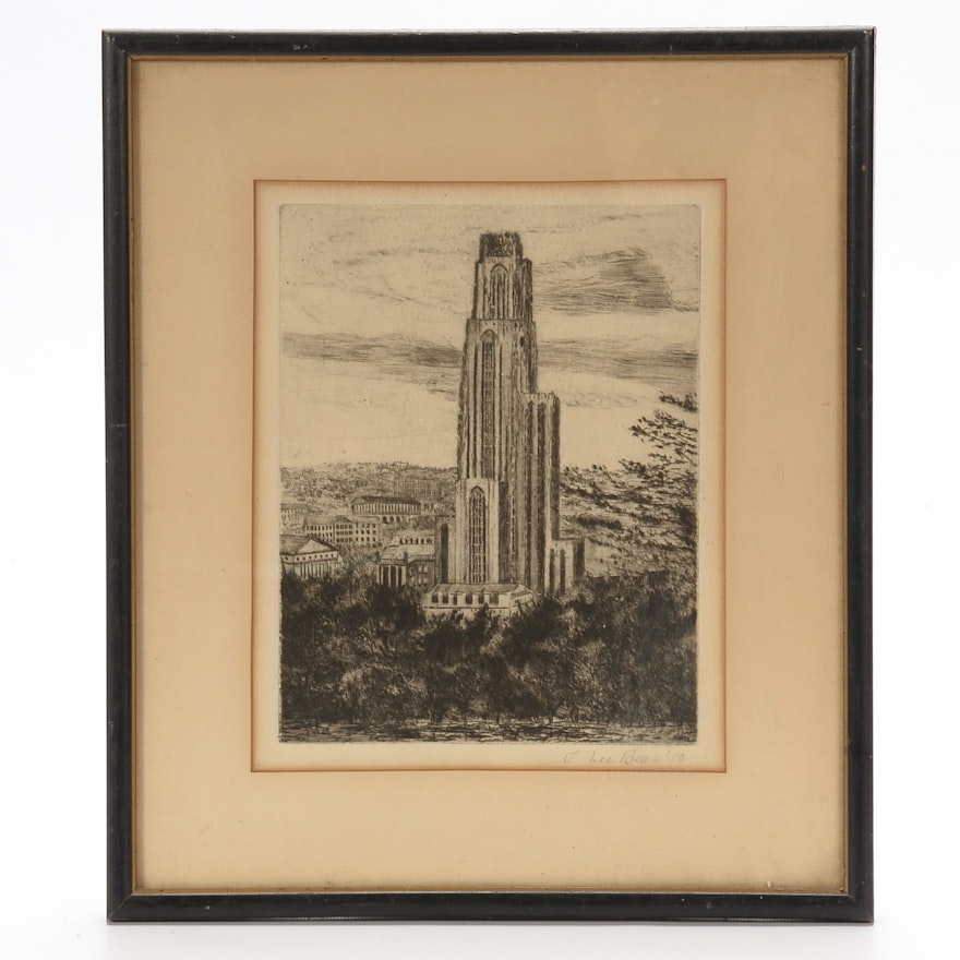 A. Lee Bear Signed 1950 Architectural Drypoint Etching