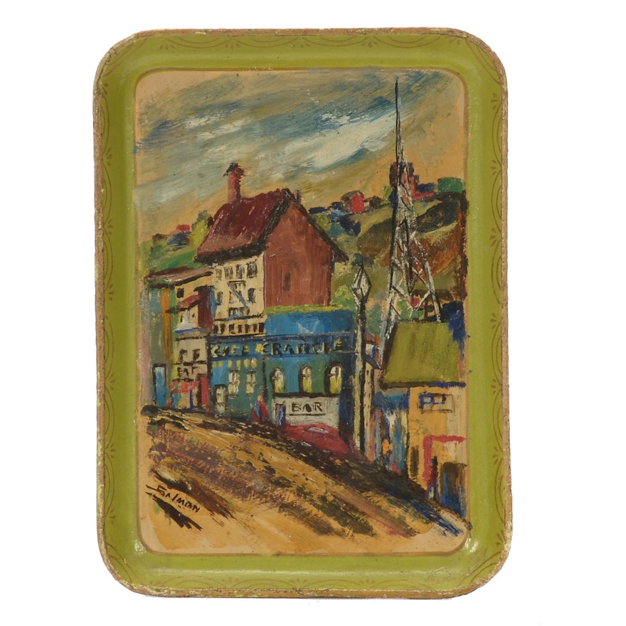 Original Oil Painting on Wooden Tray by Artist Salmon
