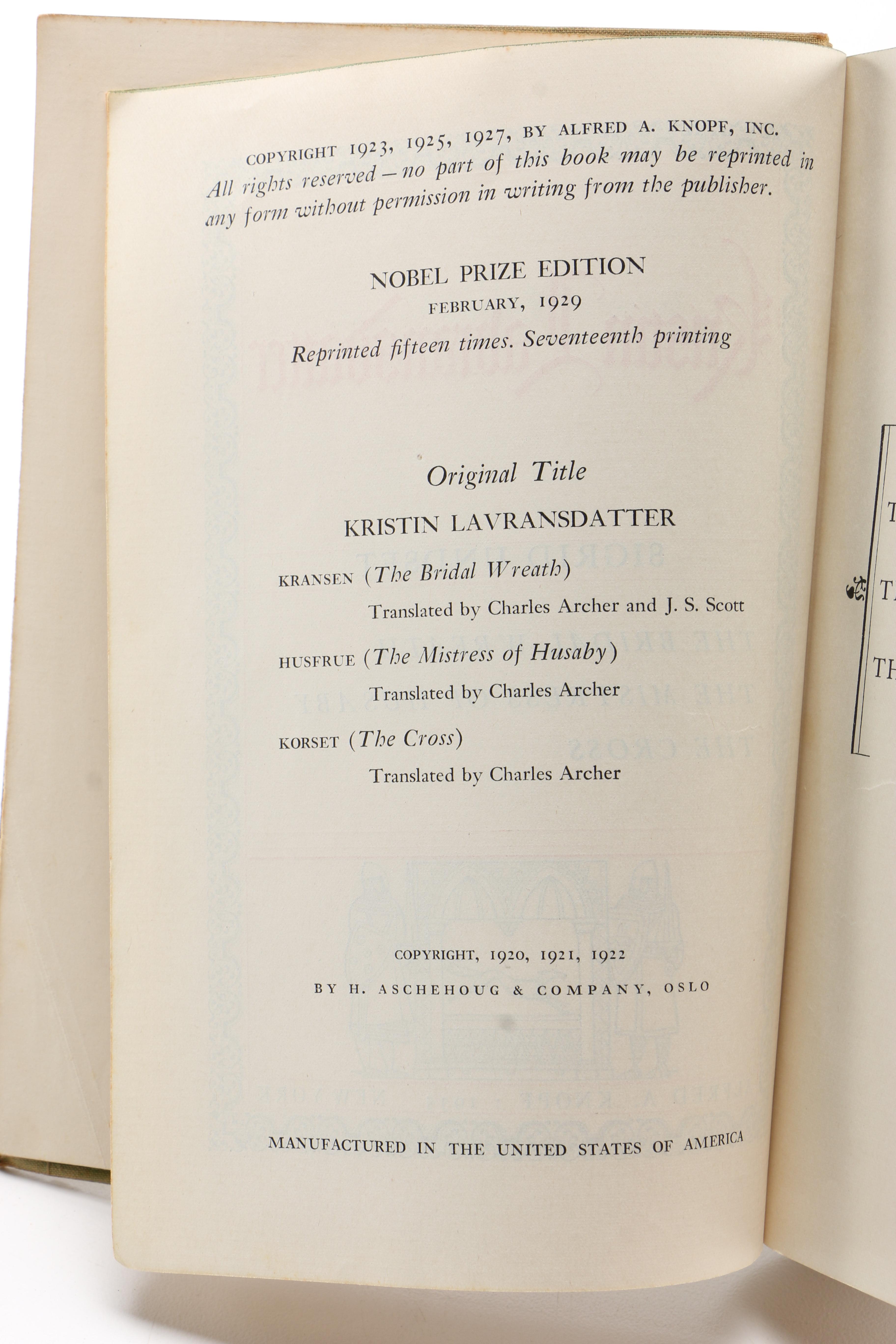 1928-1954 Group of Fiction Books Including "Kristin Laransdatter"