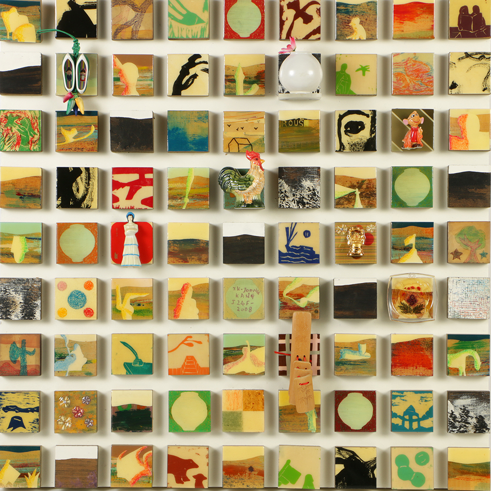 Ik-Joong Kang Mixed Media on Wood "Happy World (Birds 1)"