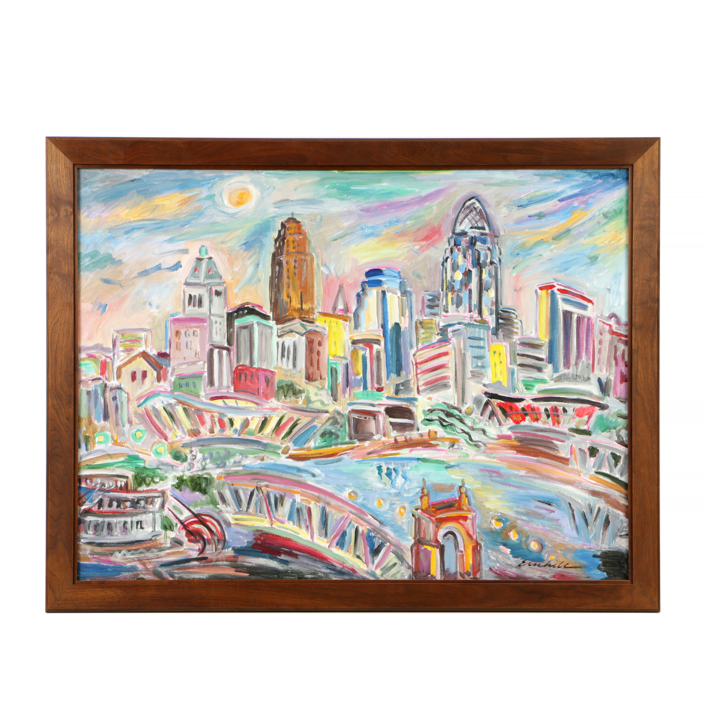 Beverly Erschell Oil Painting on Canvas of Cincinnati Skyline