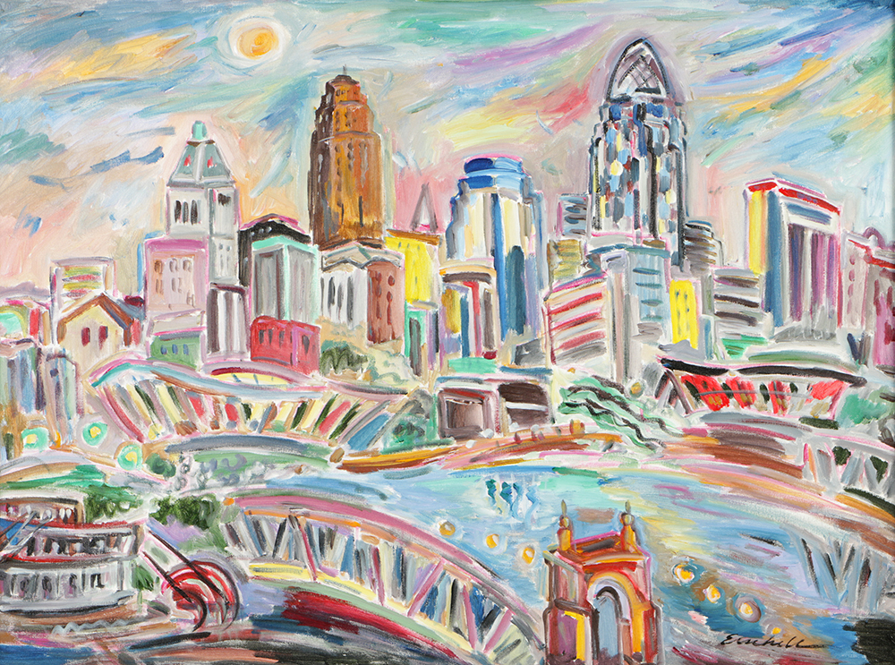 Beverly Erschell Oil Painting on Canvas of Cincinnati Skyline