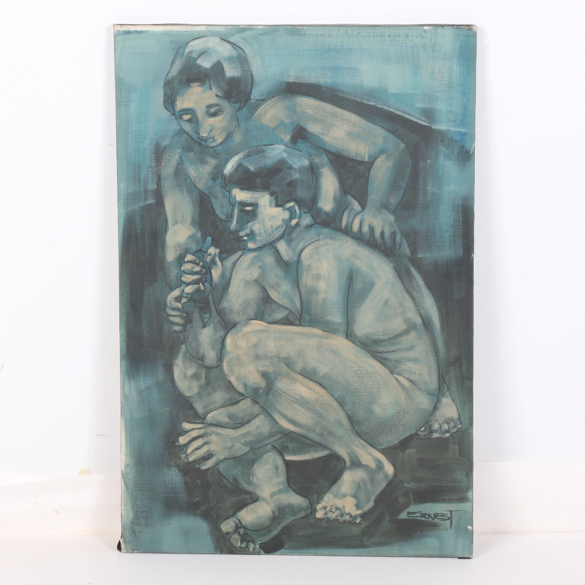 Ernest Oil Painting Depicting Two Figures with Bird