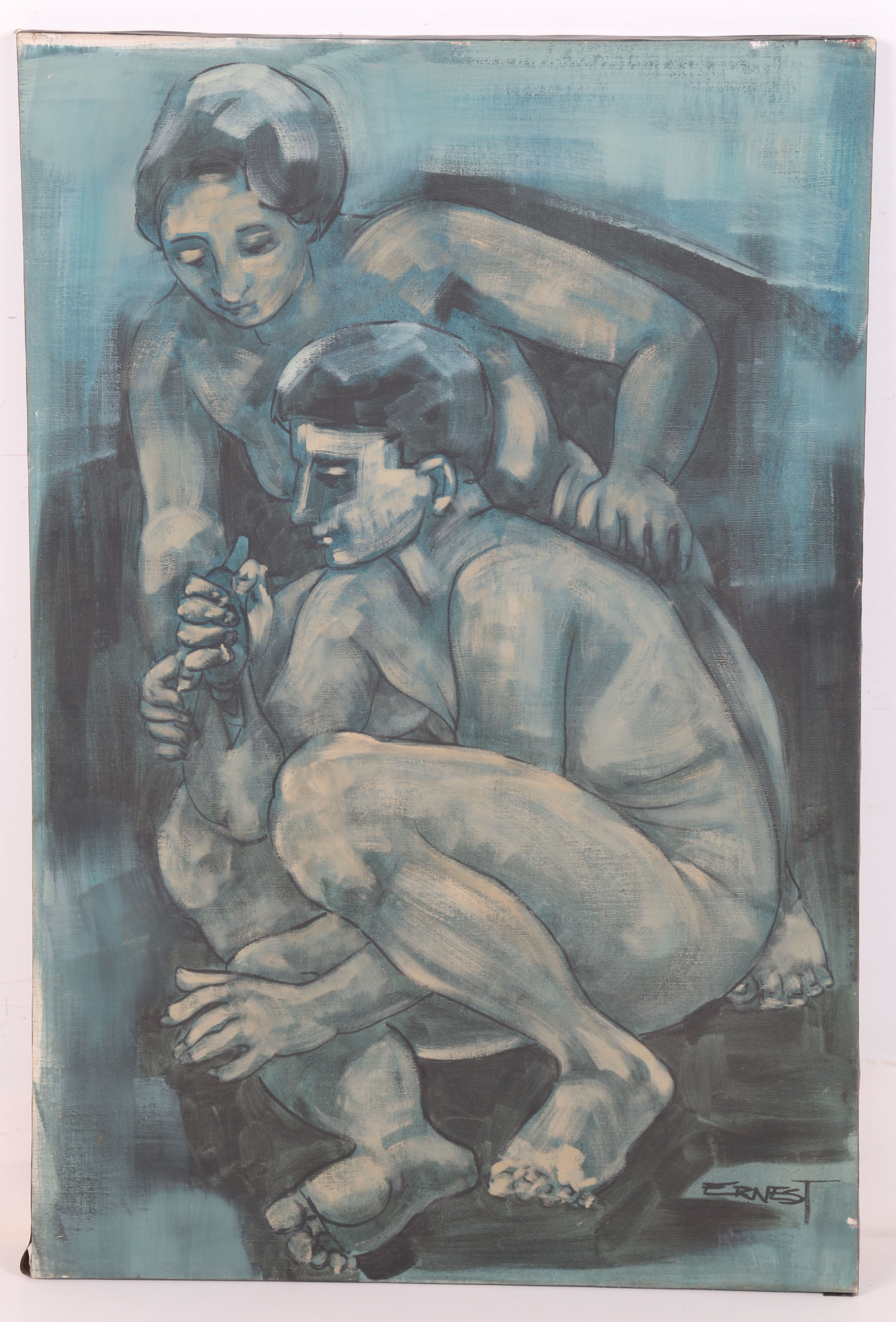 Ernest Oil Painting Depicting Two Figures with Bird