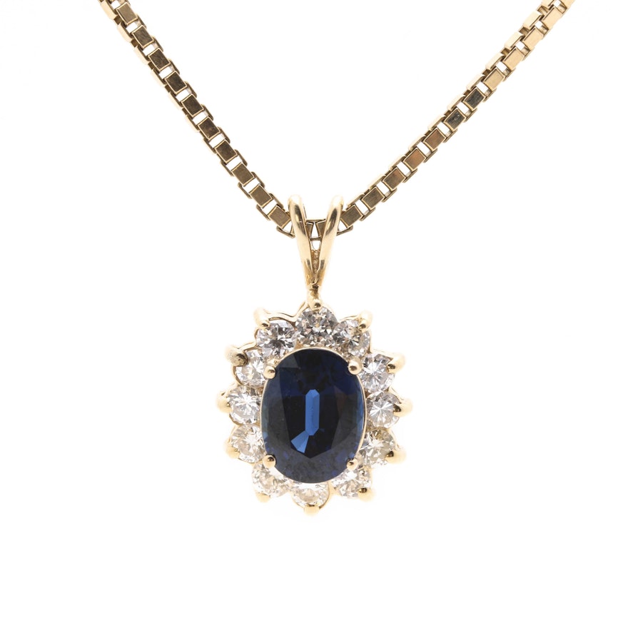 14K Yellow Gold 1.50 Carat Blue Sapphire and Diamond Necklace