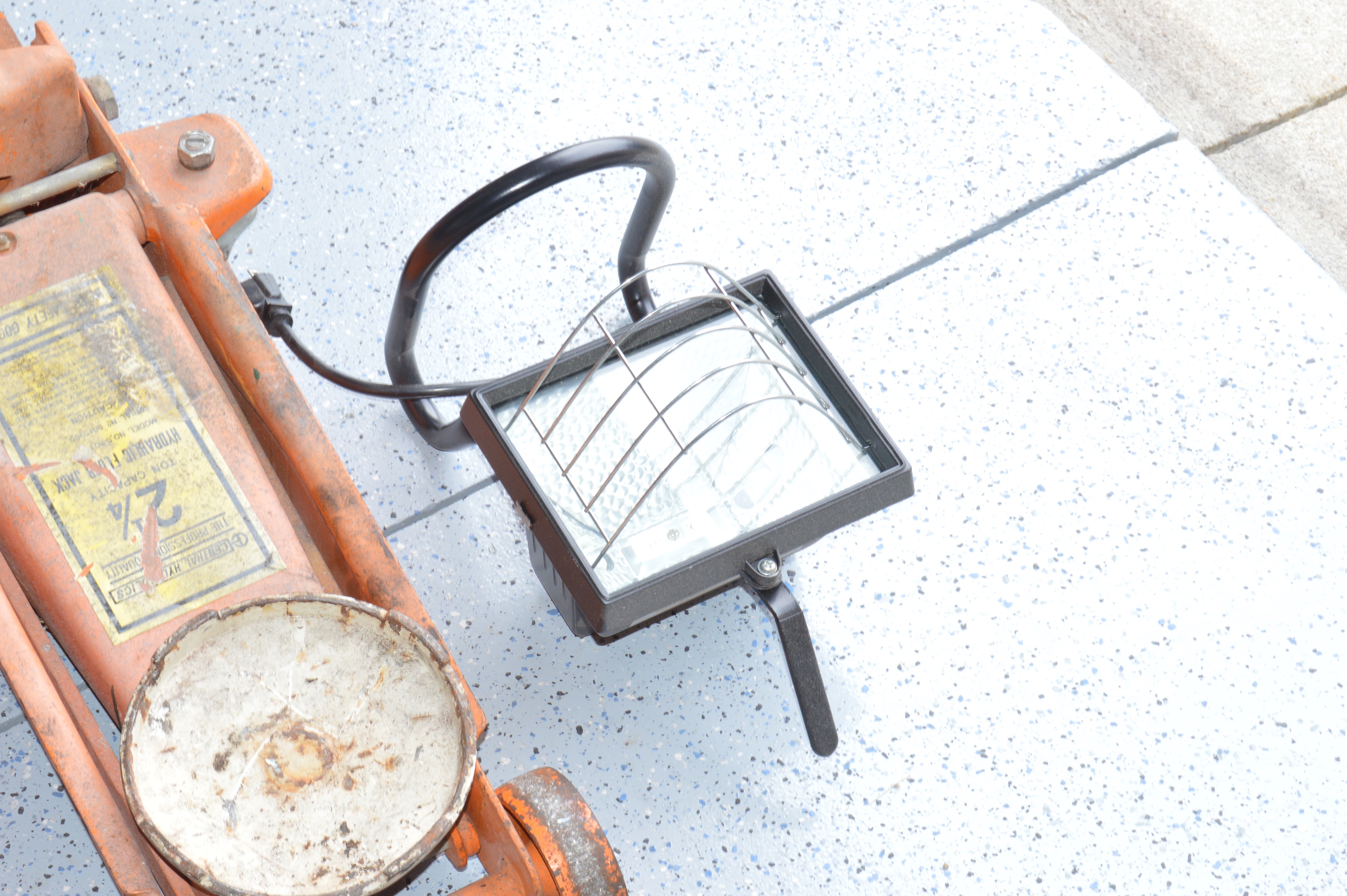 Pair of Floor Jacks and Portable Halogen Light