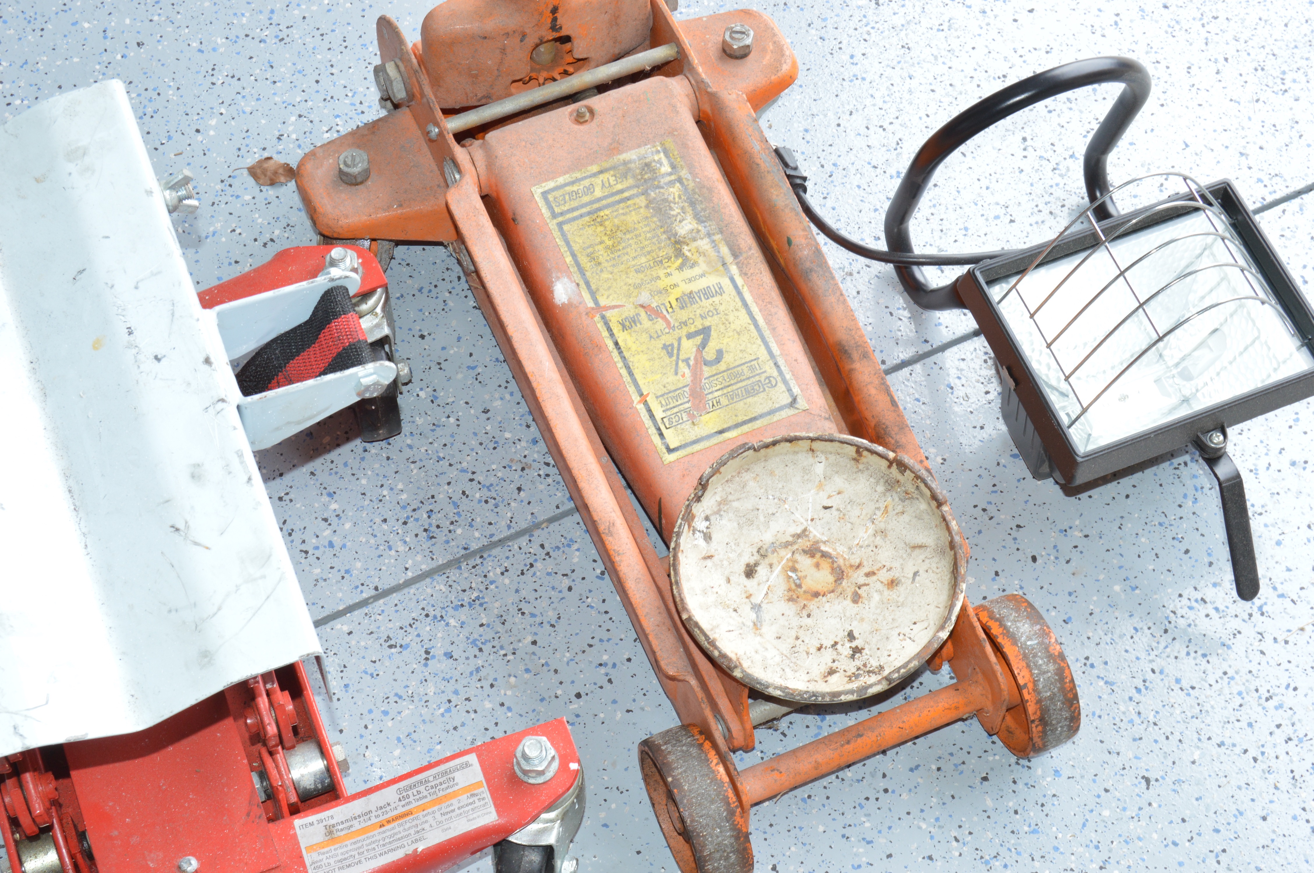 Pair of Floor Jacks and Portable Halogen Light