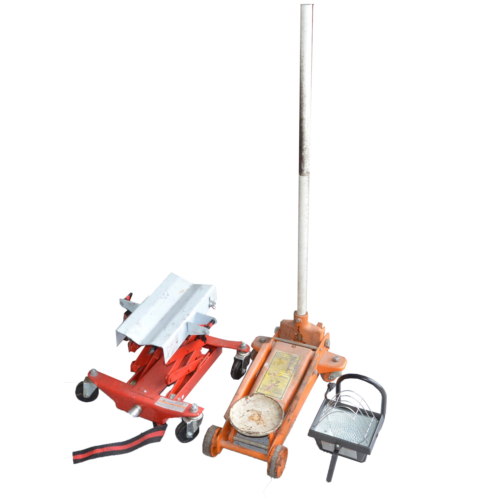 Pair of Floor Jacks and Portable Halogen Light