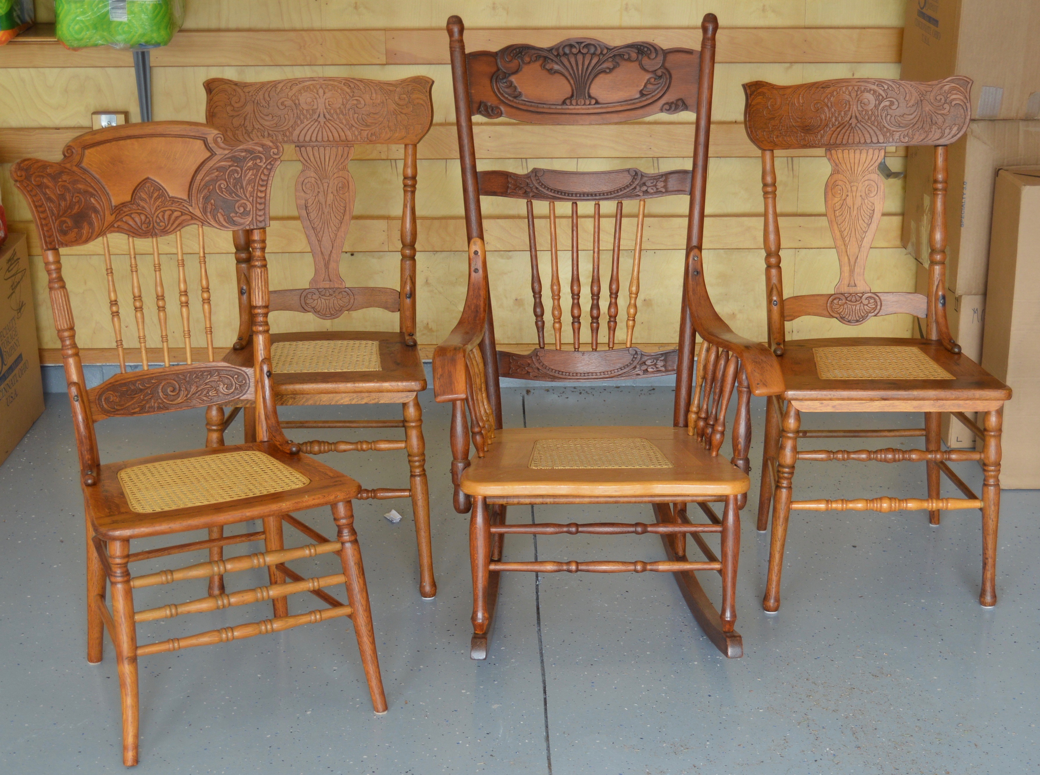 Wood Rocking Chair and Three Side Chairs with Cane Seating
