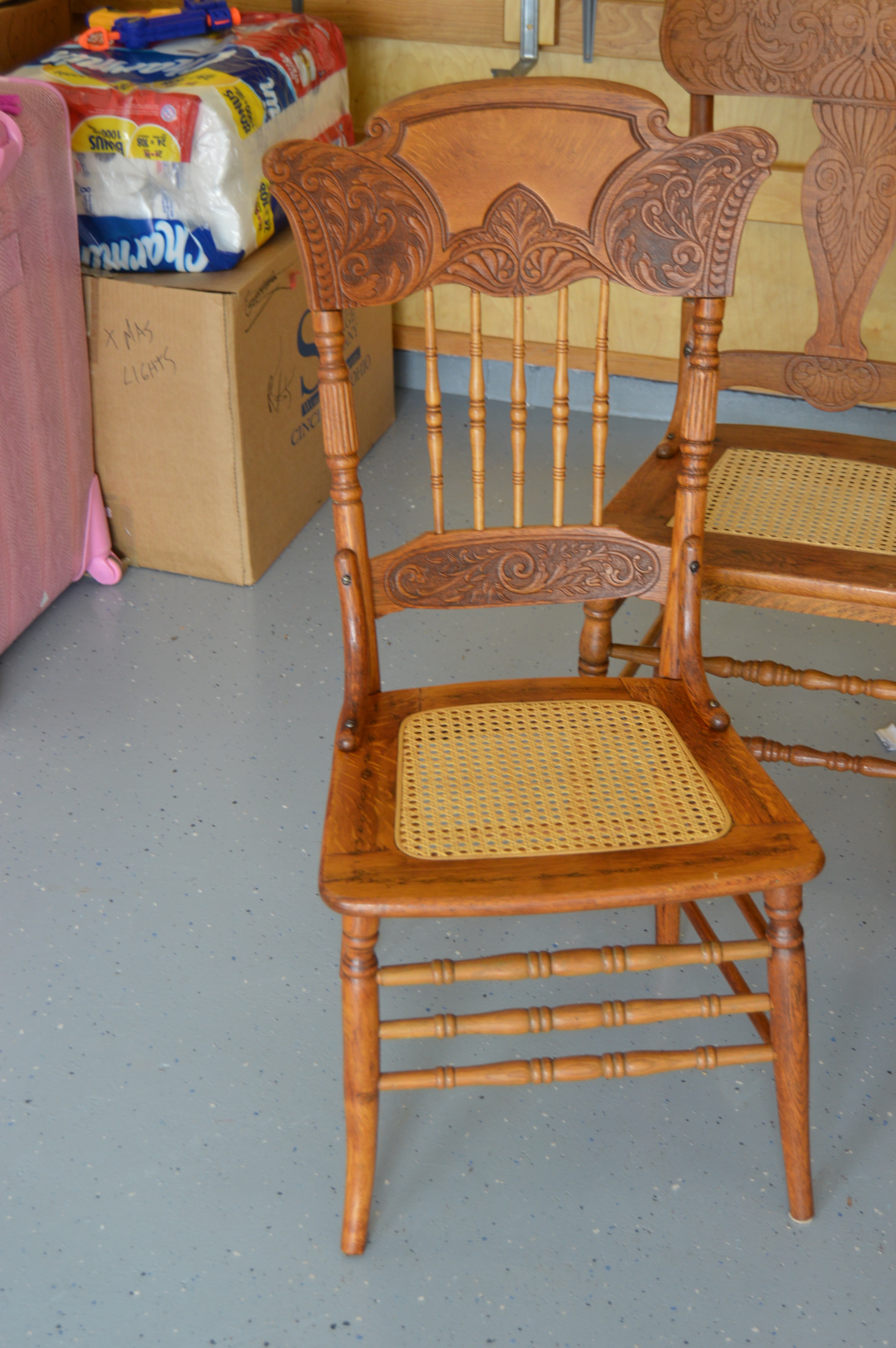 Wood Rocking Chair and Three Side Chairs with Cane Seating