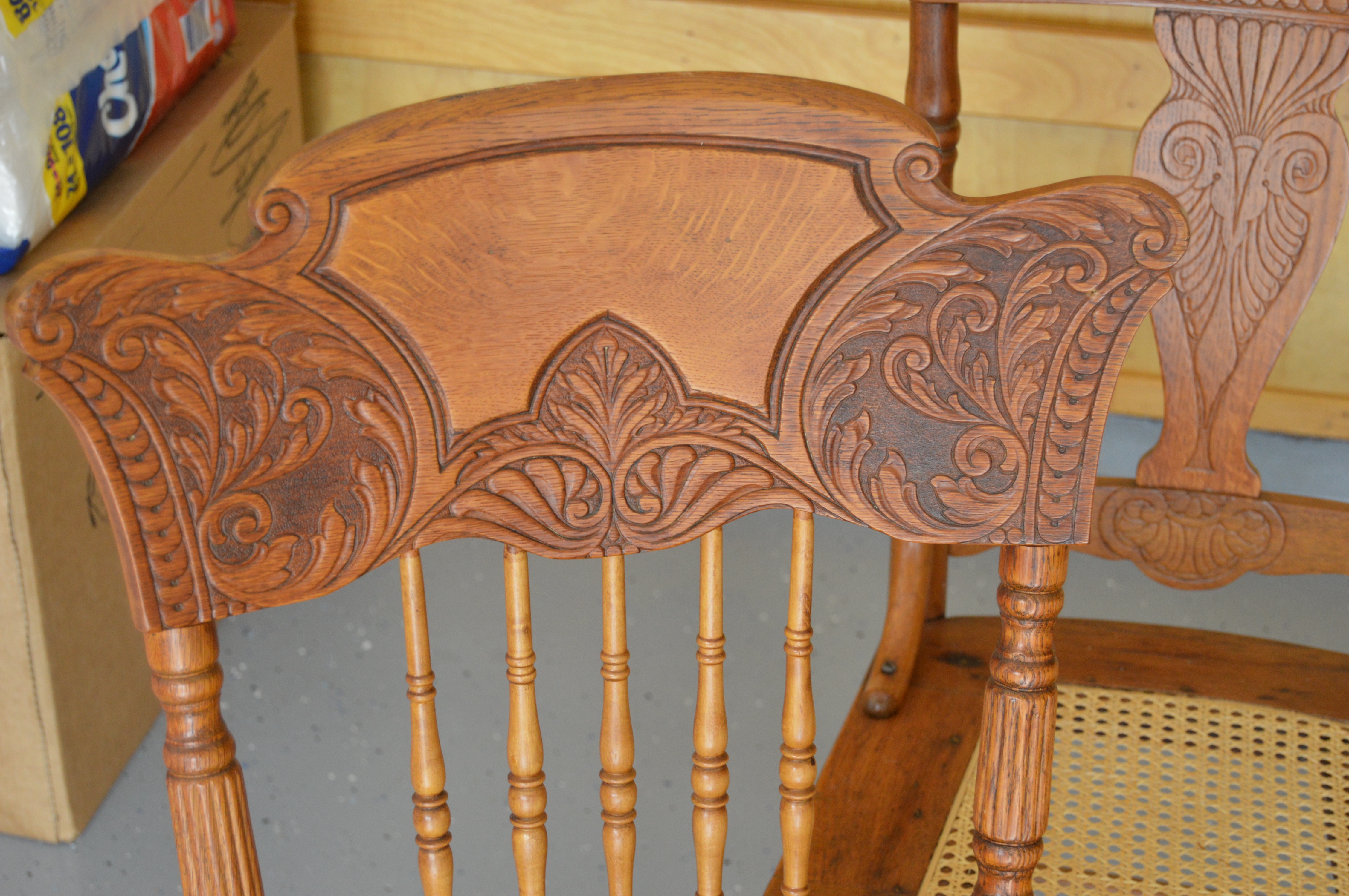 Wood Rocking Chair and Three Side Chairs with Cane Seating