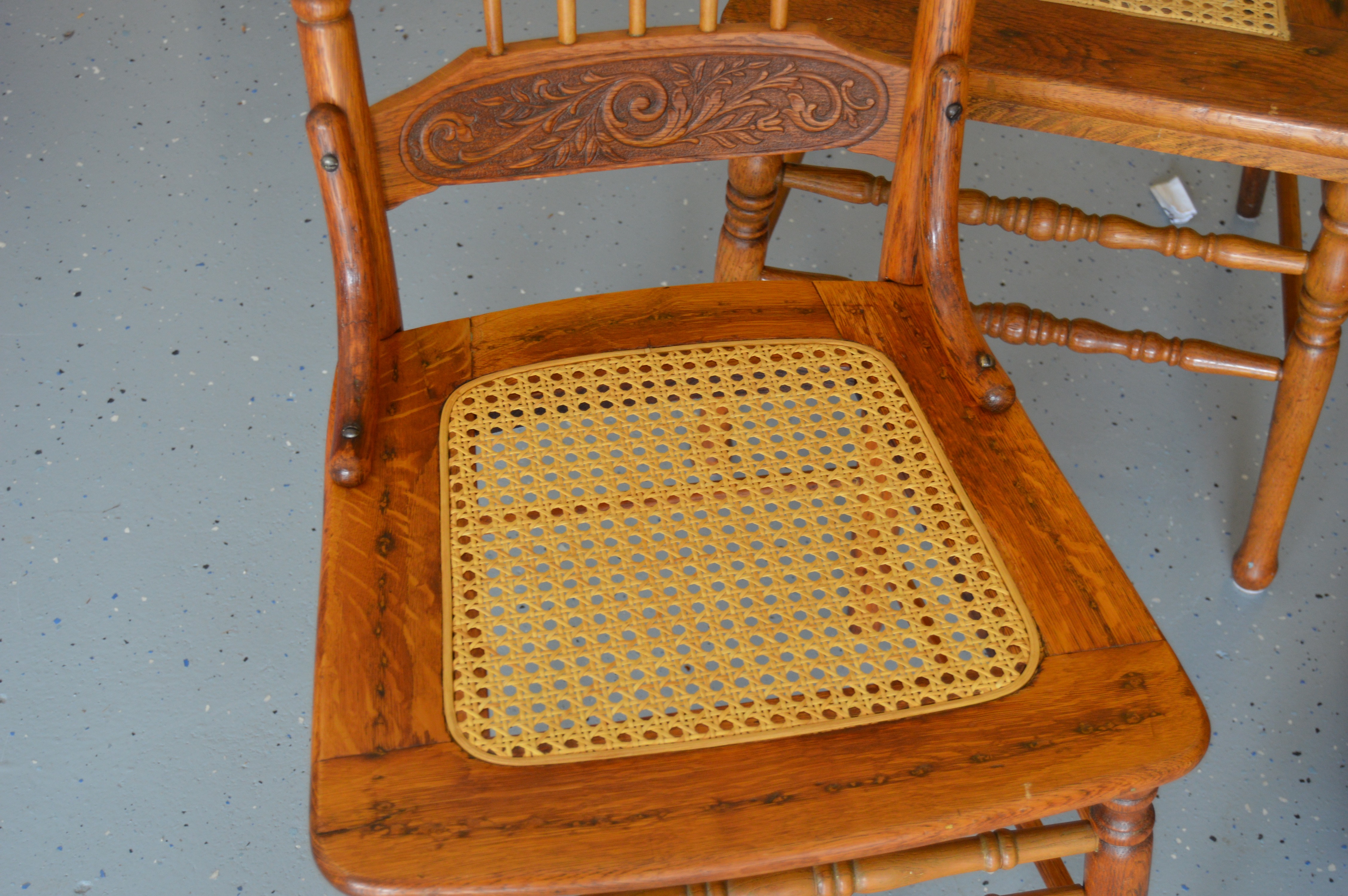 Wood Rocking Chair and Three Side Chairs with Cane Seating