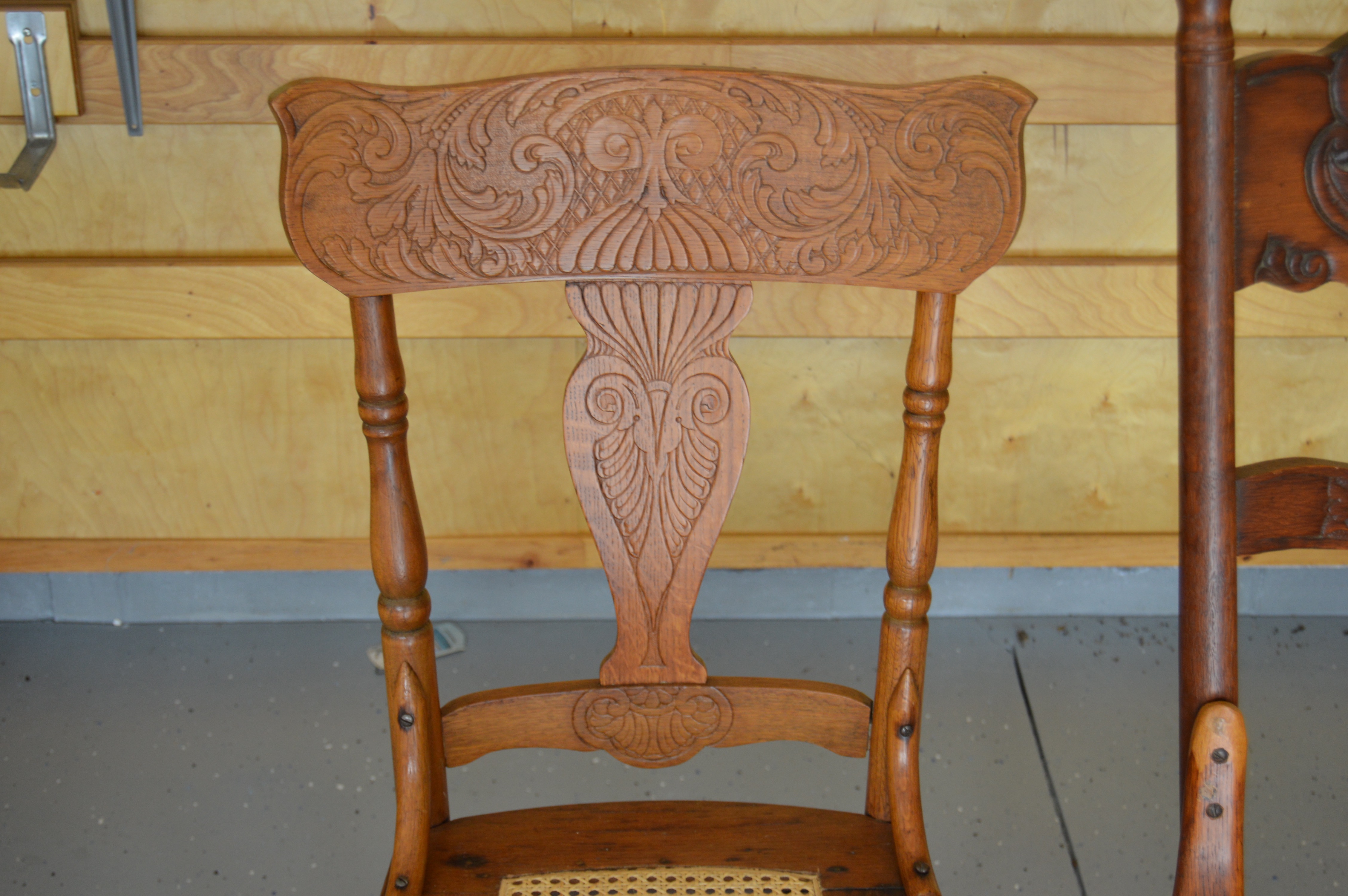 Wood Rocking Chair and Three Side Chairs with Cane Seating