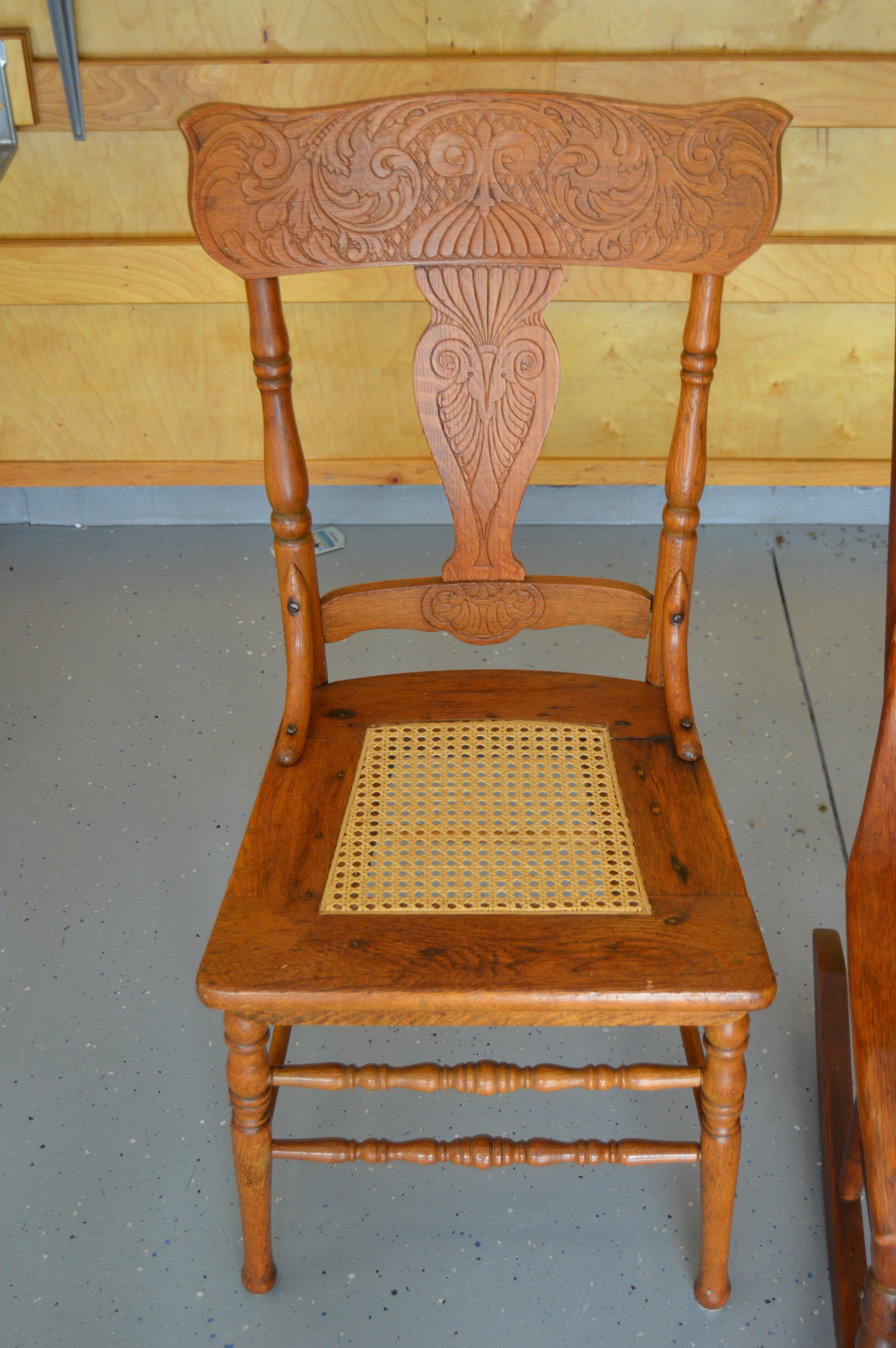 Wood Rocking Chair and Three Side Chairs with Cane Seating