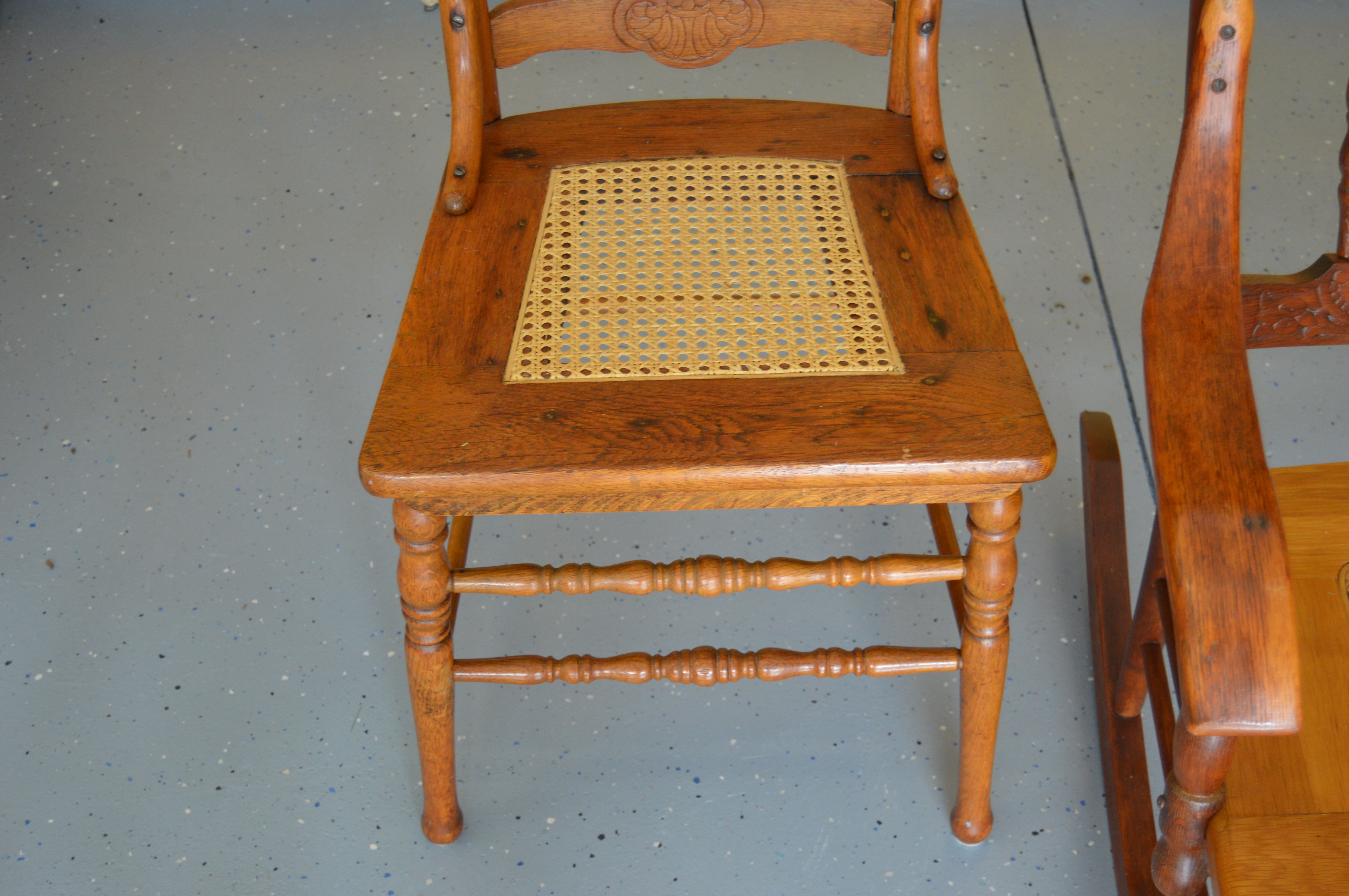 Wood Rocking Chair and Three Side Chairs with Cane Seating