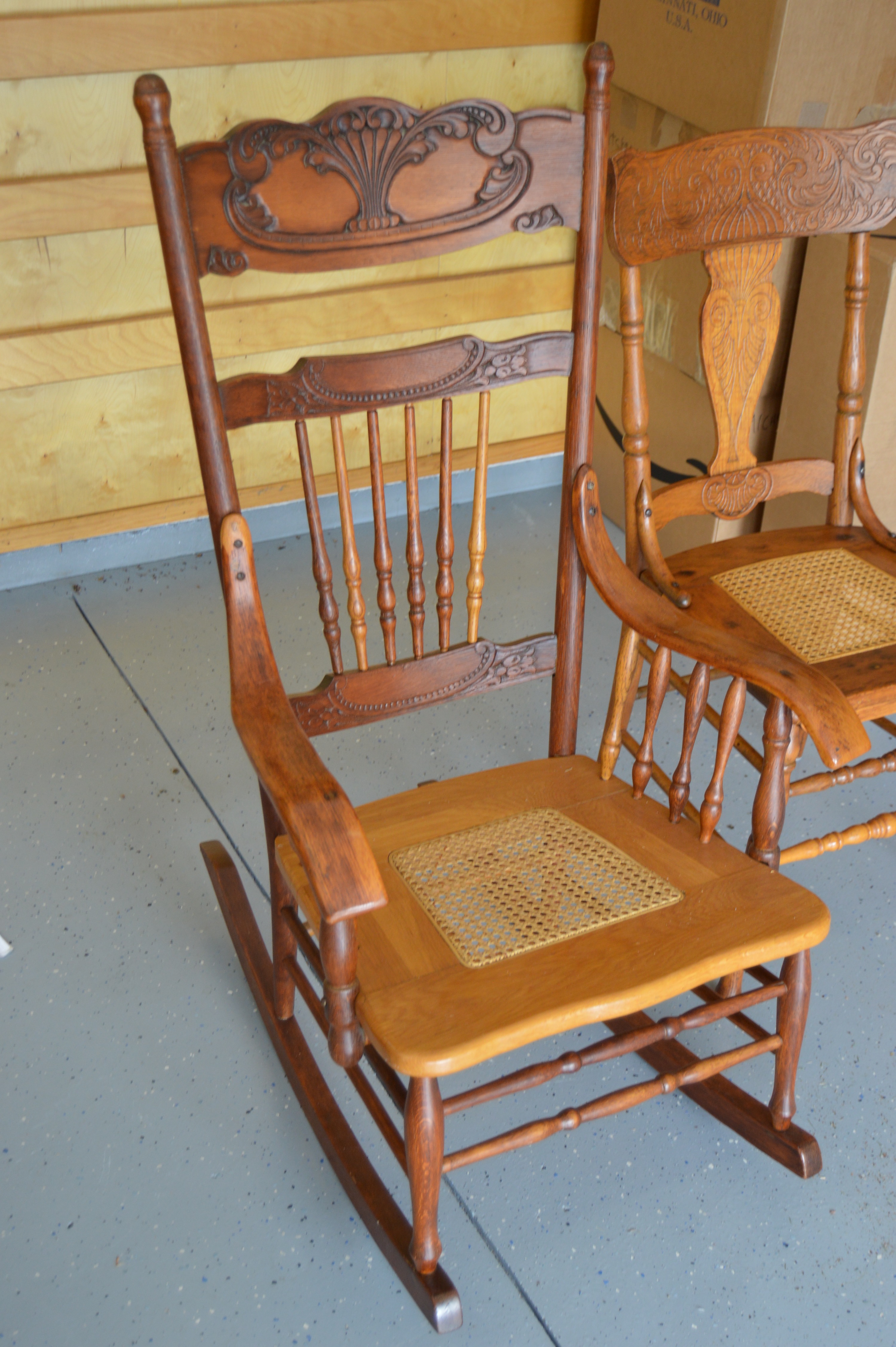 Wood Rocking Chair and Three Side Chairs with Cane Seating