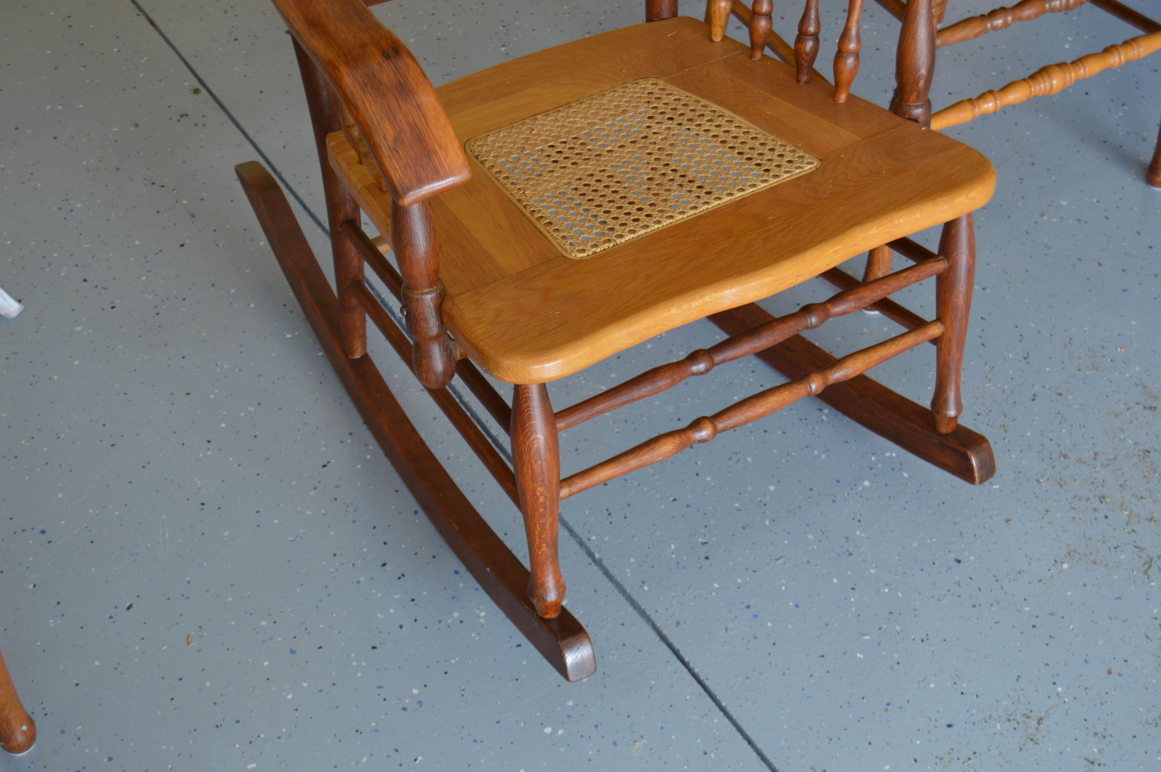 Wood Rocking Chair and Three Side Chairs with Cane Seating