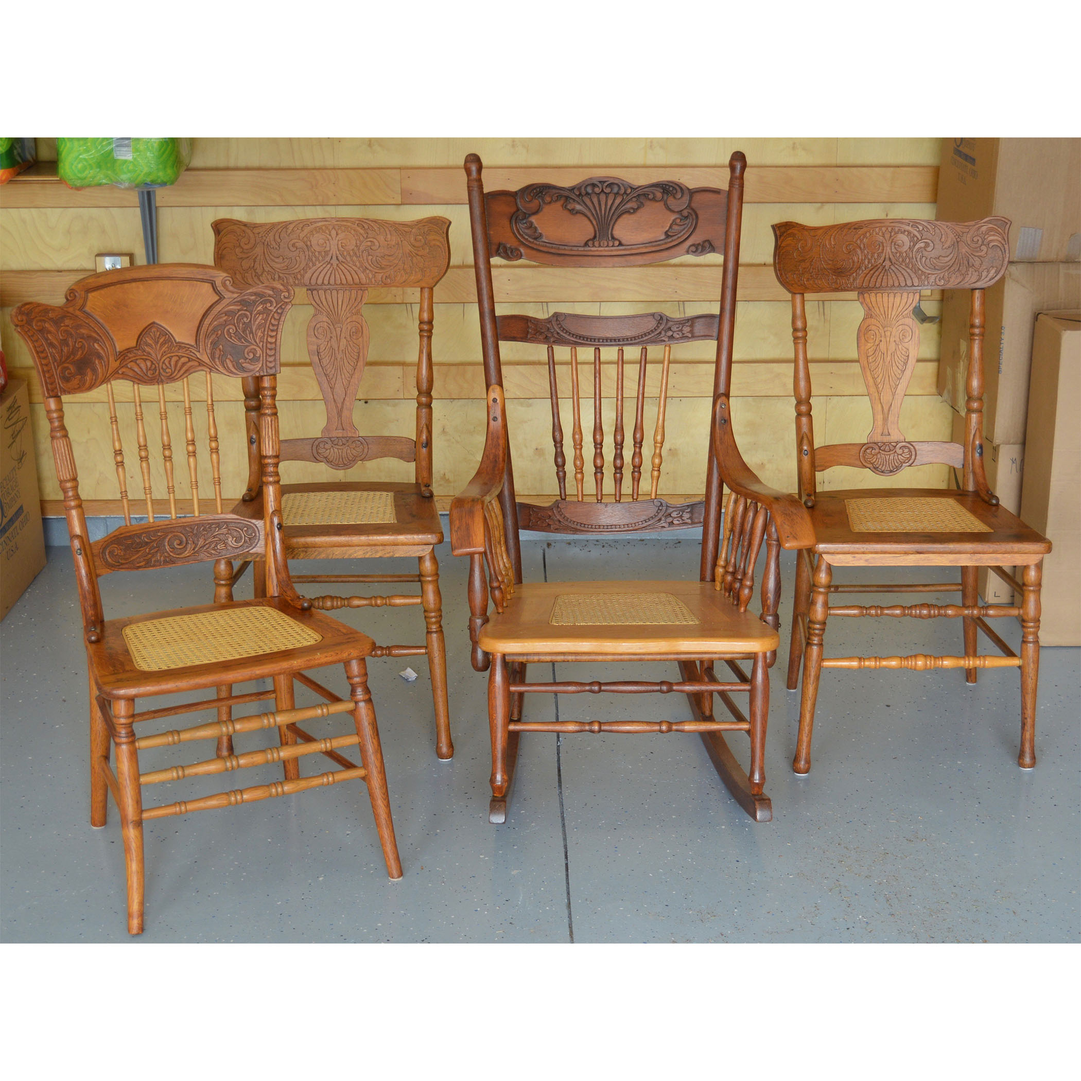 Wood Rocking Chair and Three Side Chairs with Cane Seating