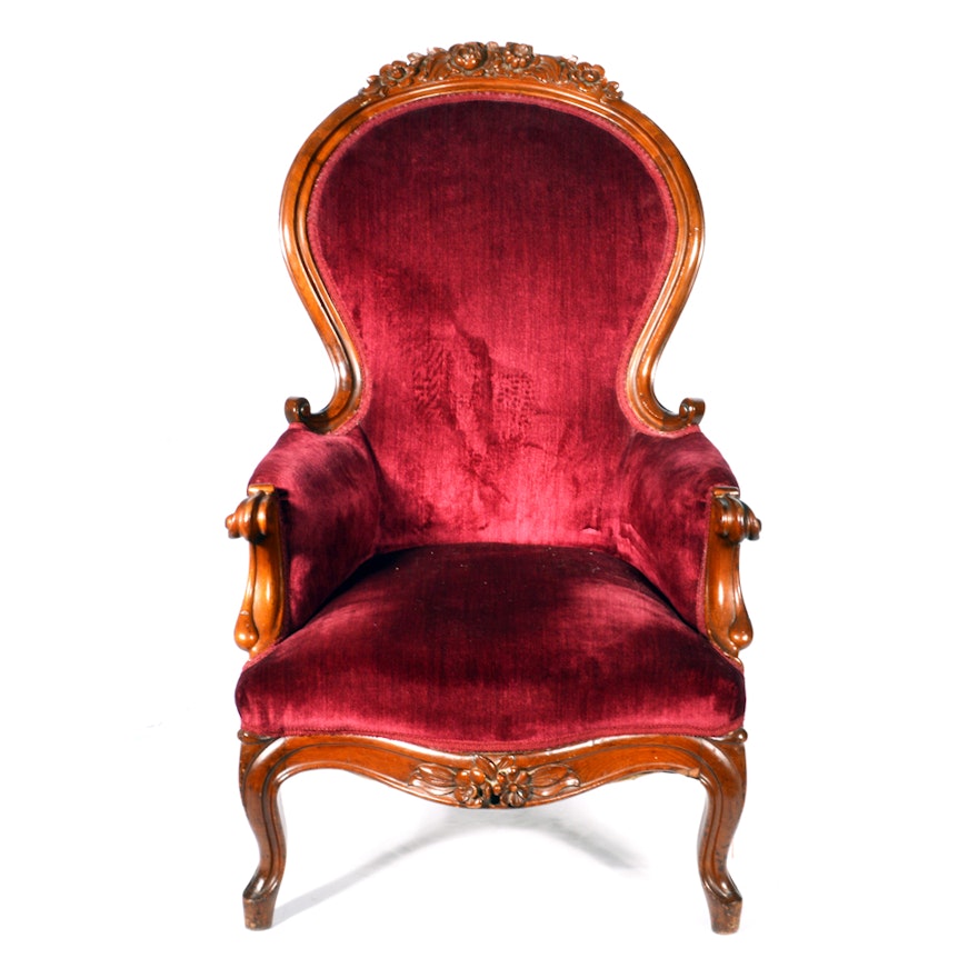 Antique Victorian Walnut Armchair With Burgundy Velour Upholstery