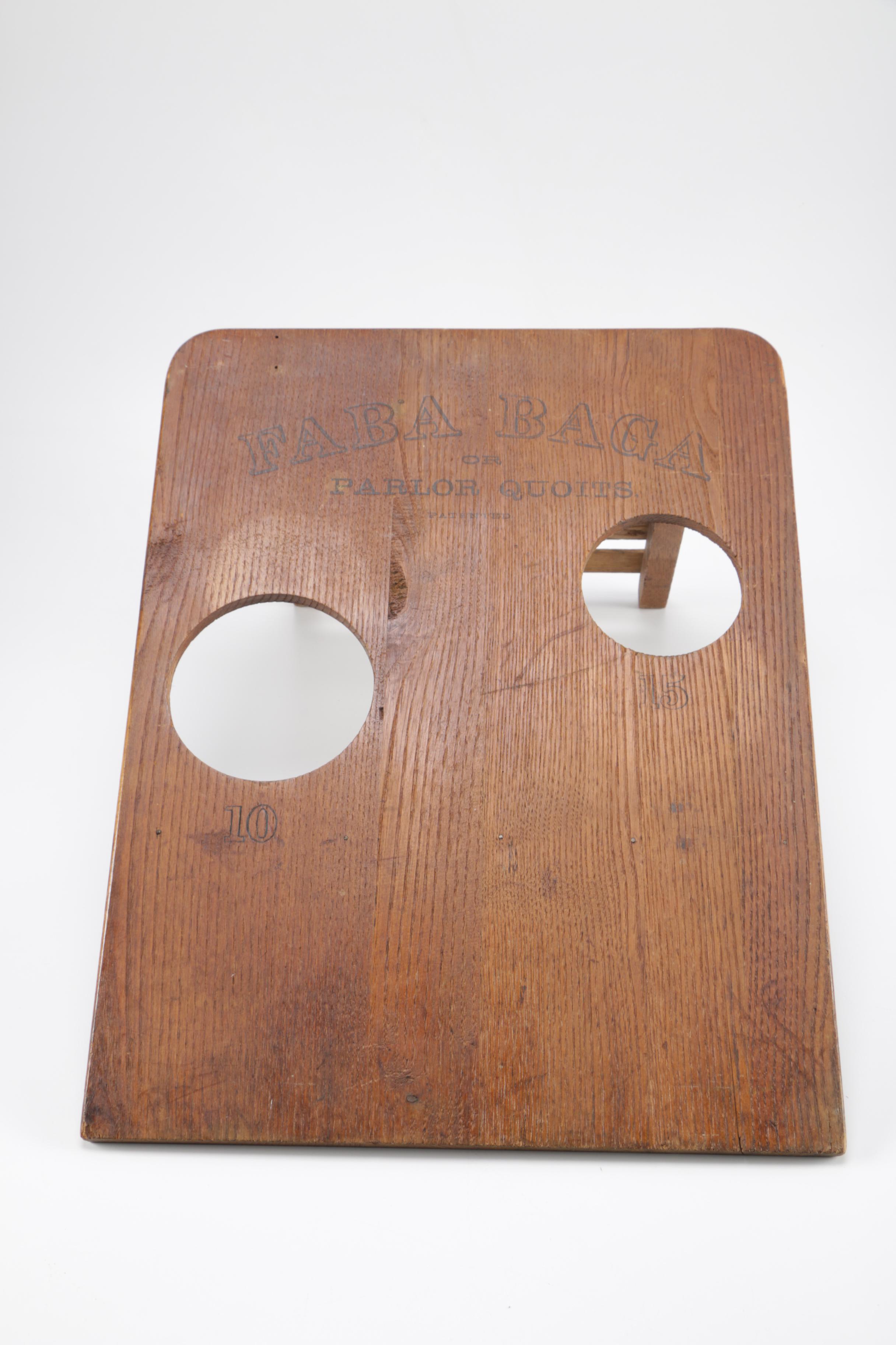 Antique Wooden Games Including 1880s Cornhole Predecessor "Faba Baga; or Parlor Quoits"