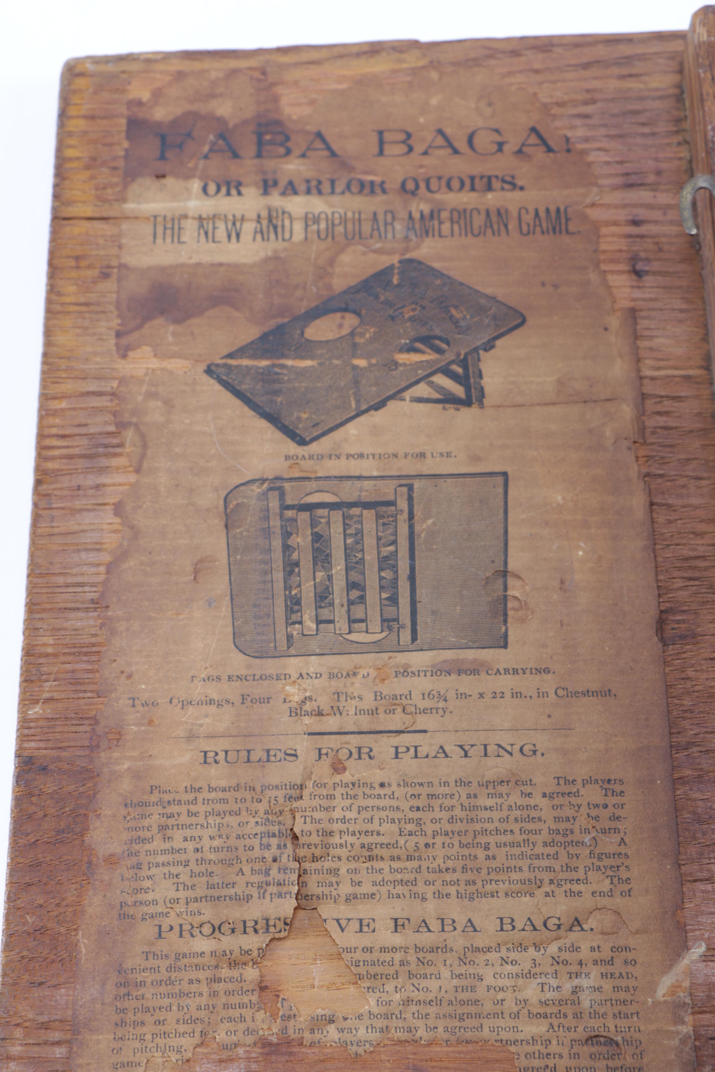 Antique Wooden Games Including 1880s Cornhole Predecessor "Faba Baga; or Parlor Quoits"