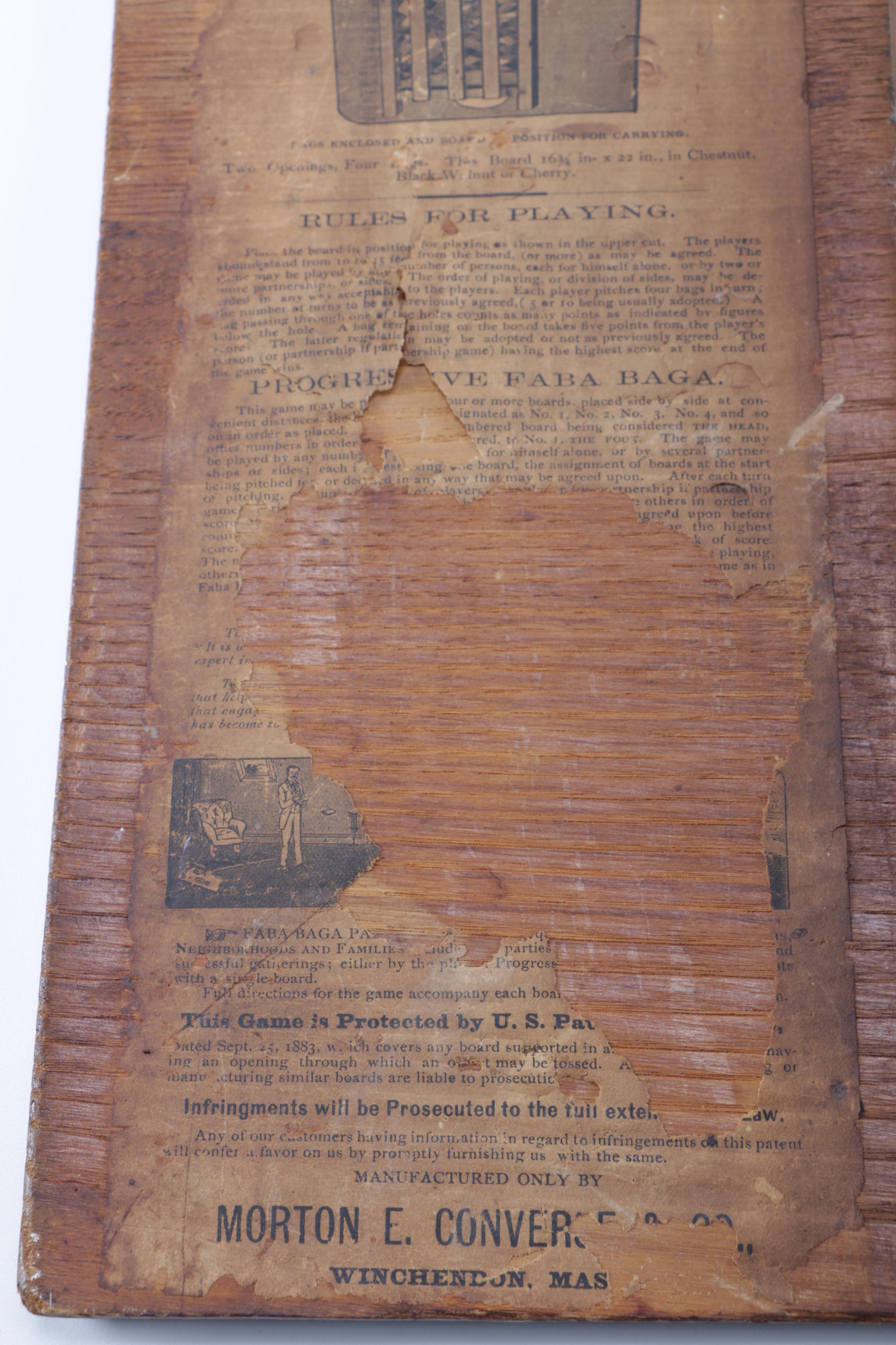 Antique Wooden Games Including 1880s Cornhole Predecessor "Faba Baga; or Parlor Quoits"