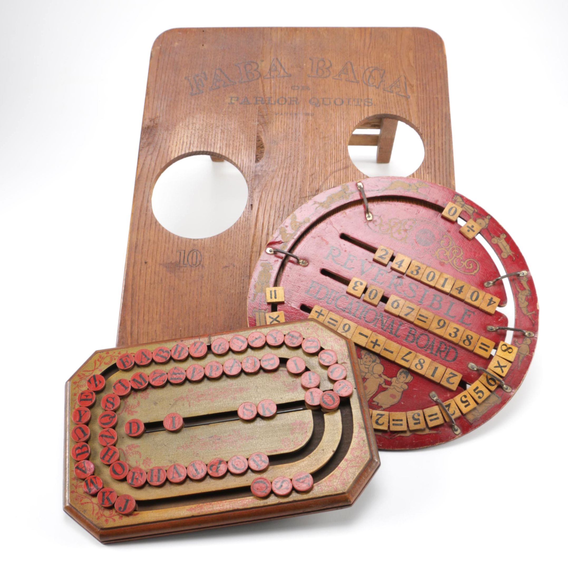 Antique Wooden Games Including 1880s Cornhole Predecessor "Faba Baga; or Parlor Quoits"