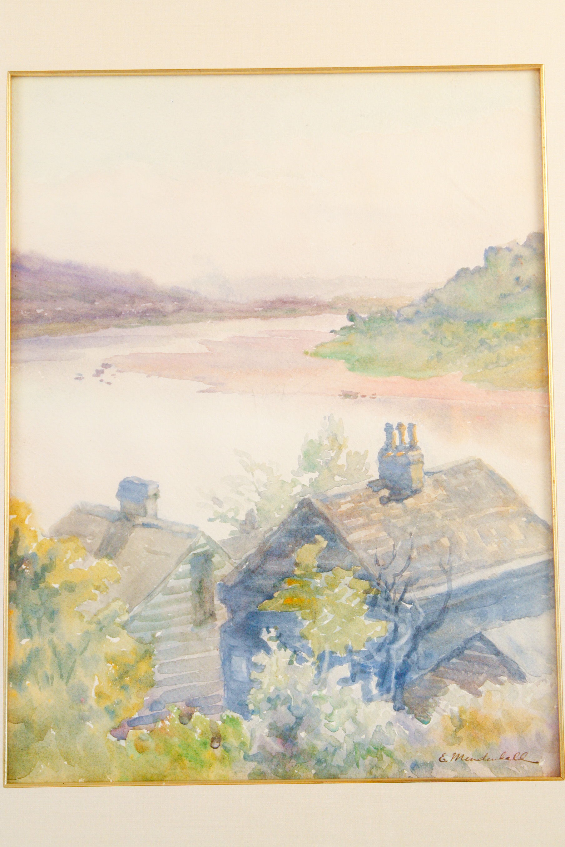 Emma Mendenhall Watercolor on Paper of Houses on the Ohio River