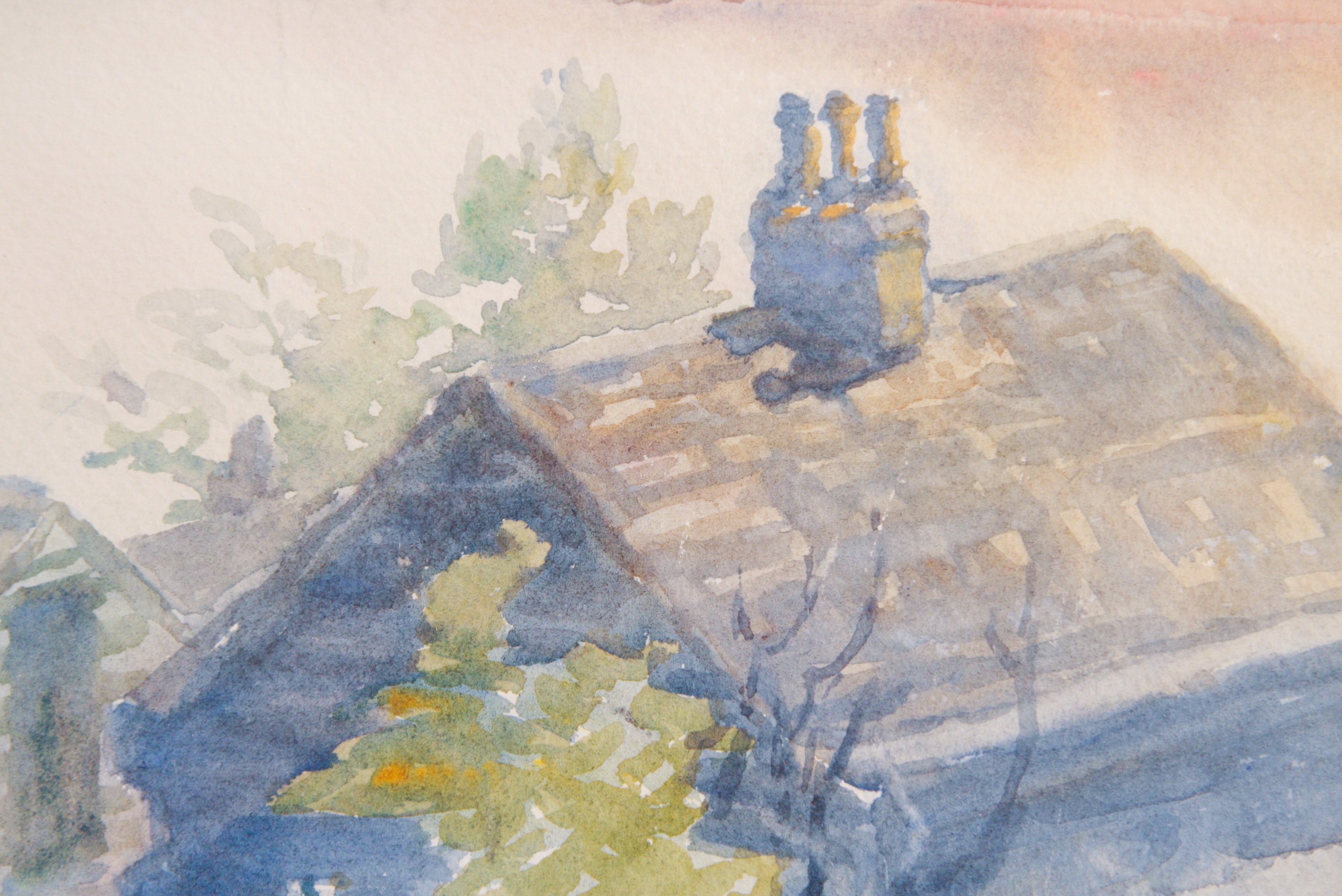 Emma Mendenhall Watercolor on Paper of Houses on the Ohio River