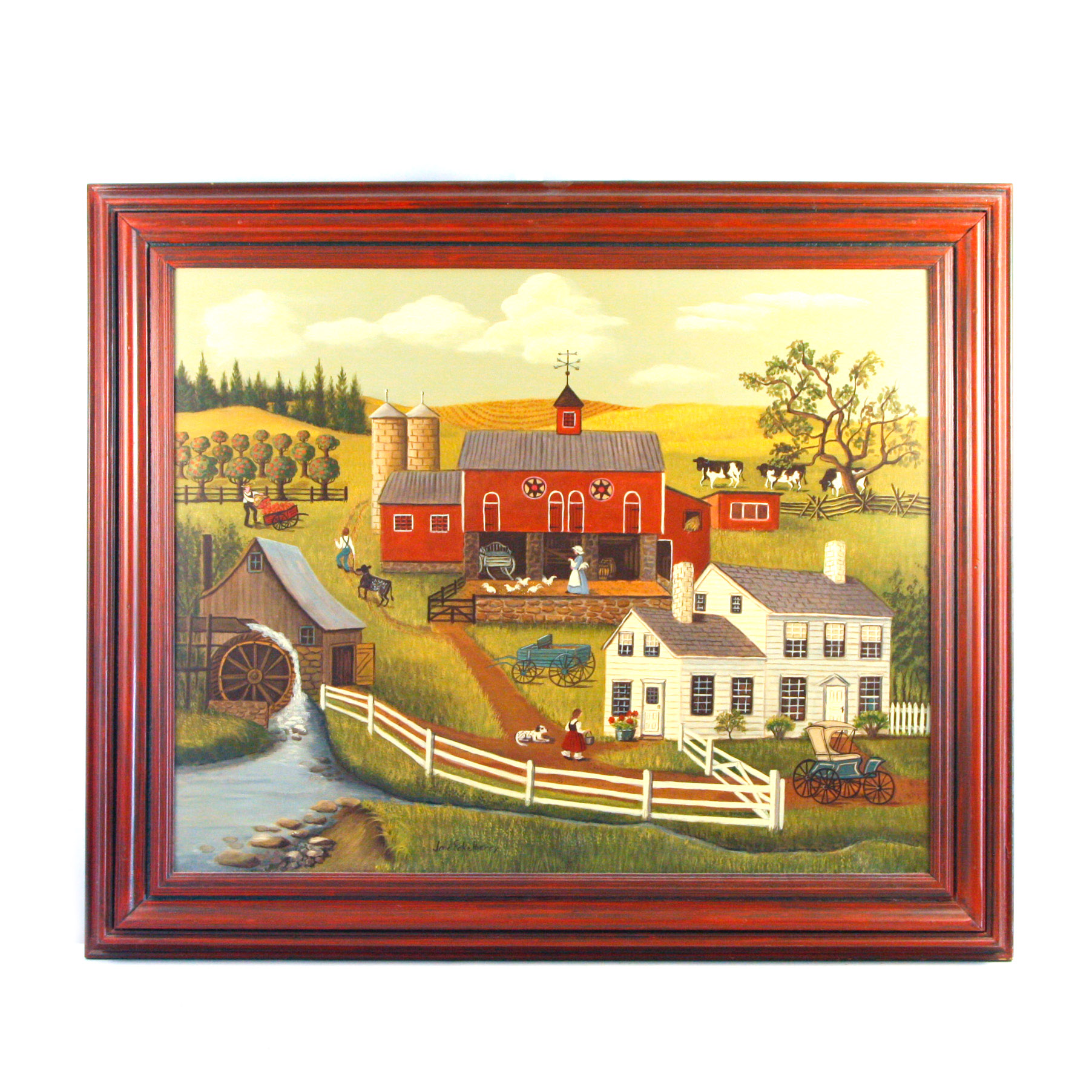 Jane Eckelberry Contemporary Folk Art Oil on Board of a Farm Scene