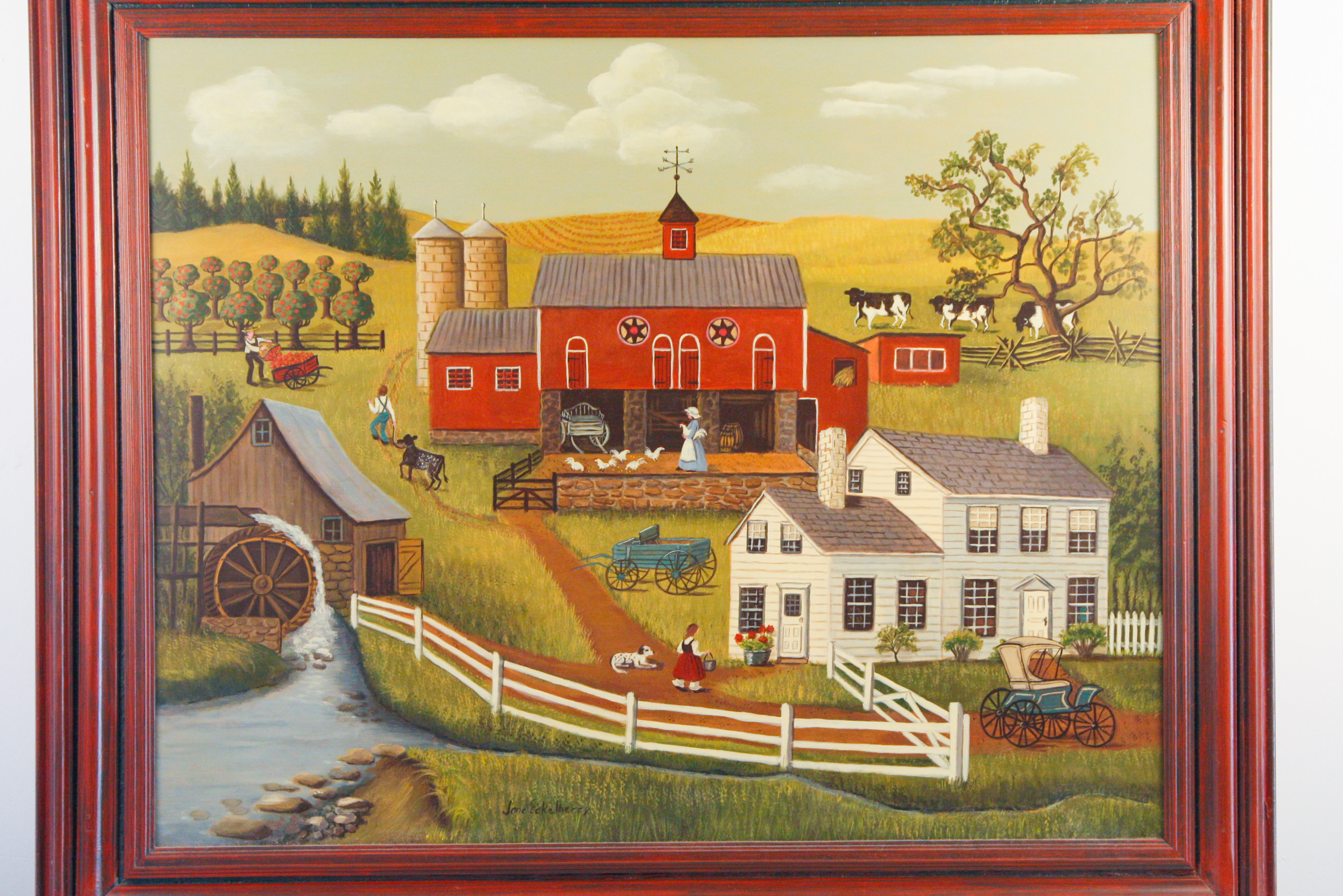 Jane Eckelberry Contemporary Folk Art Oil on Board of a Farm Scene