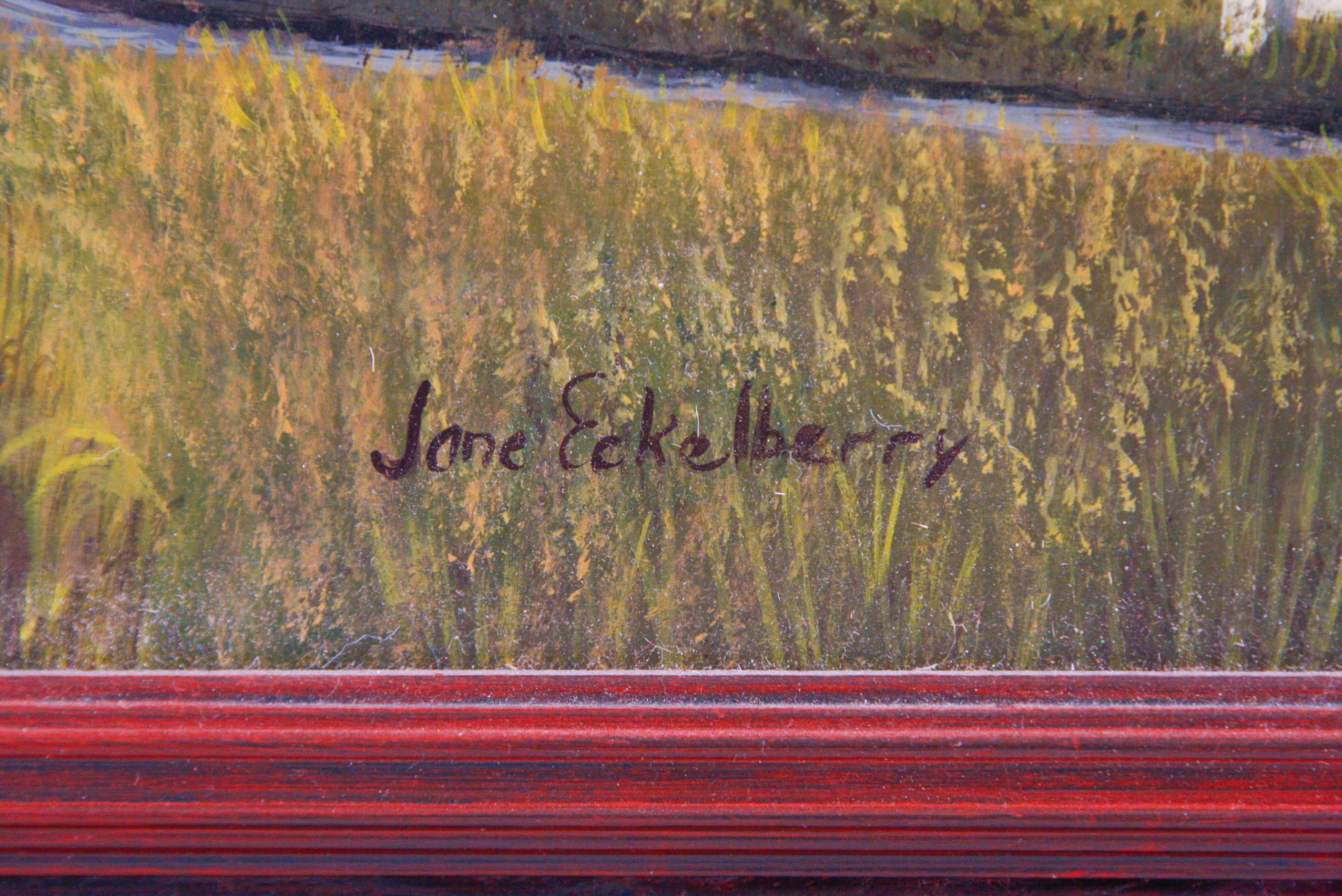 Jane Eckelberry Contemporary Folk Art Oil on Board of a Farm Scene