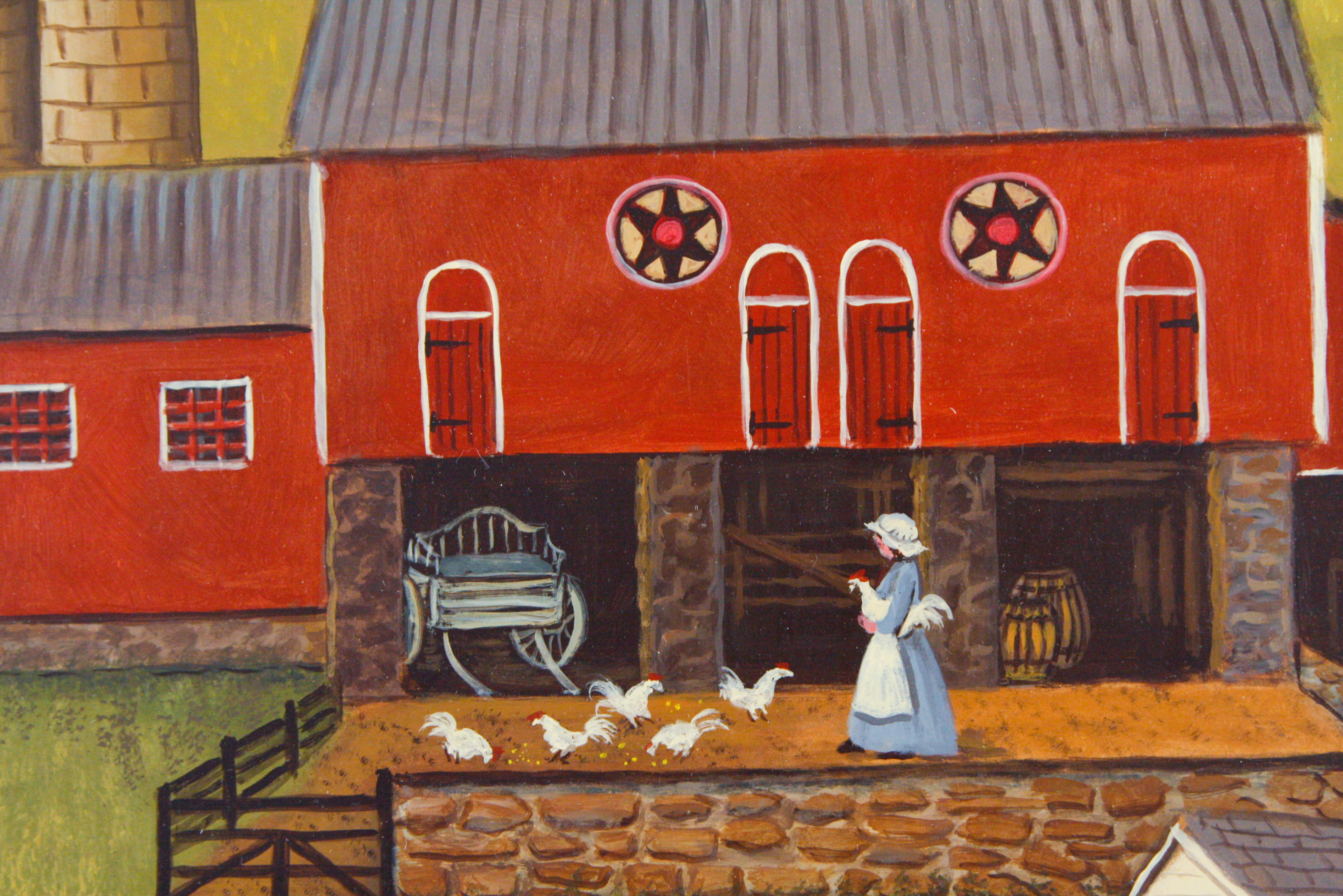 Jane Eckelberry Contemporary Folk Art Oil on Board of a Farm Scene