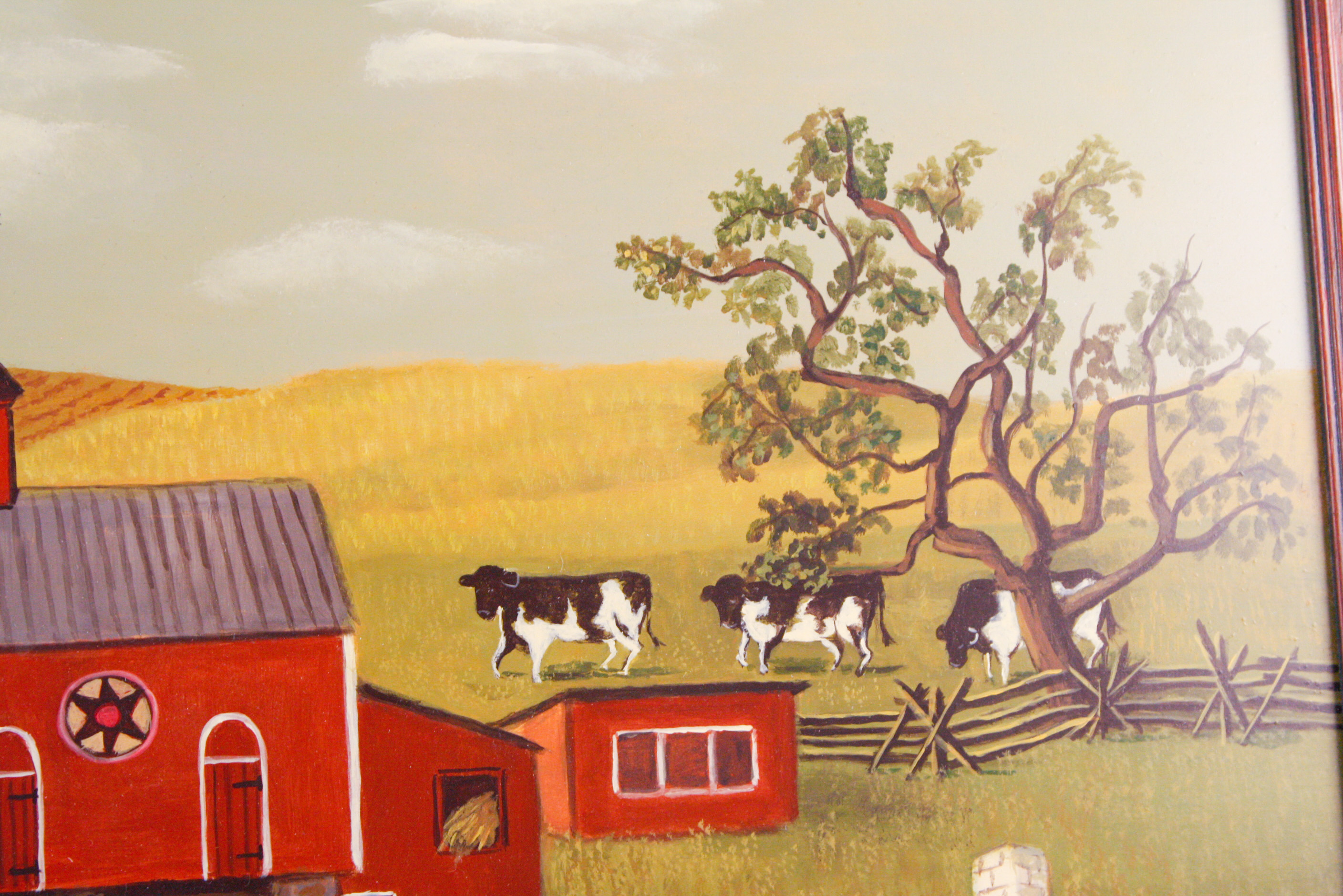 Jane Eckelberry Contemporary Folk Art Oil on Board of a Farm Scene