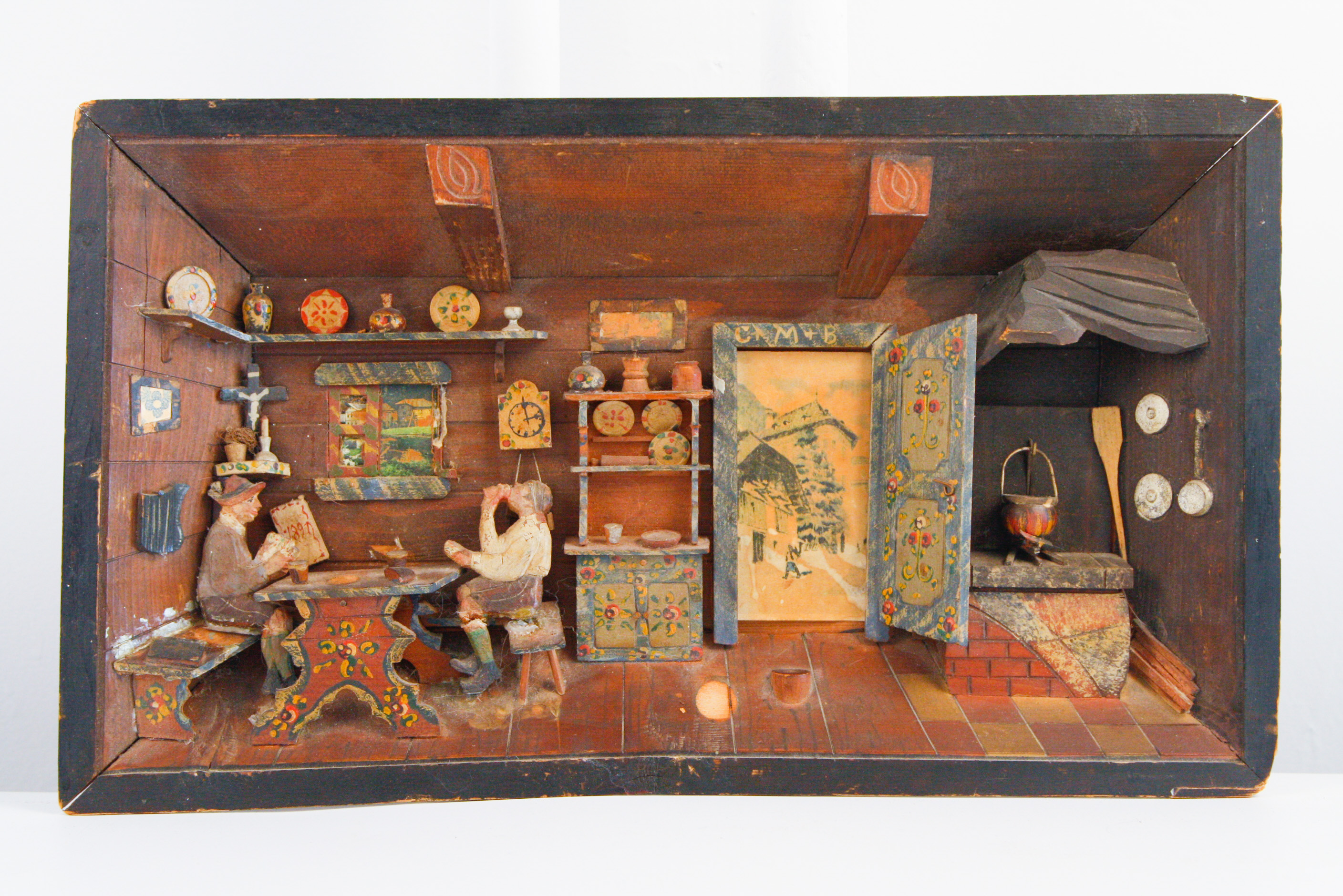 1891 Folk Art Diorama of Two Men Playing Cards