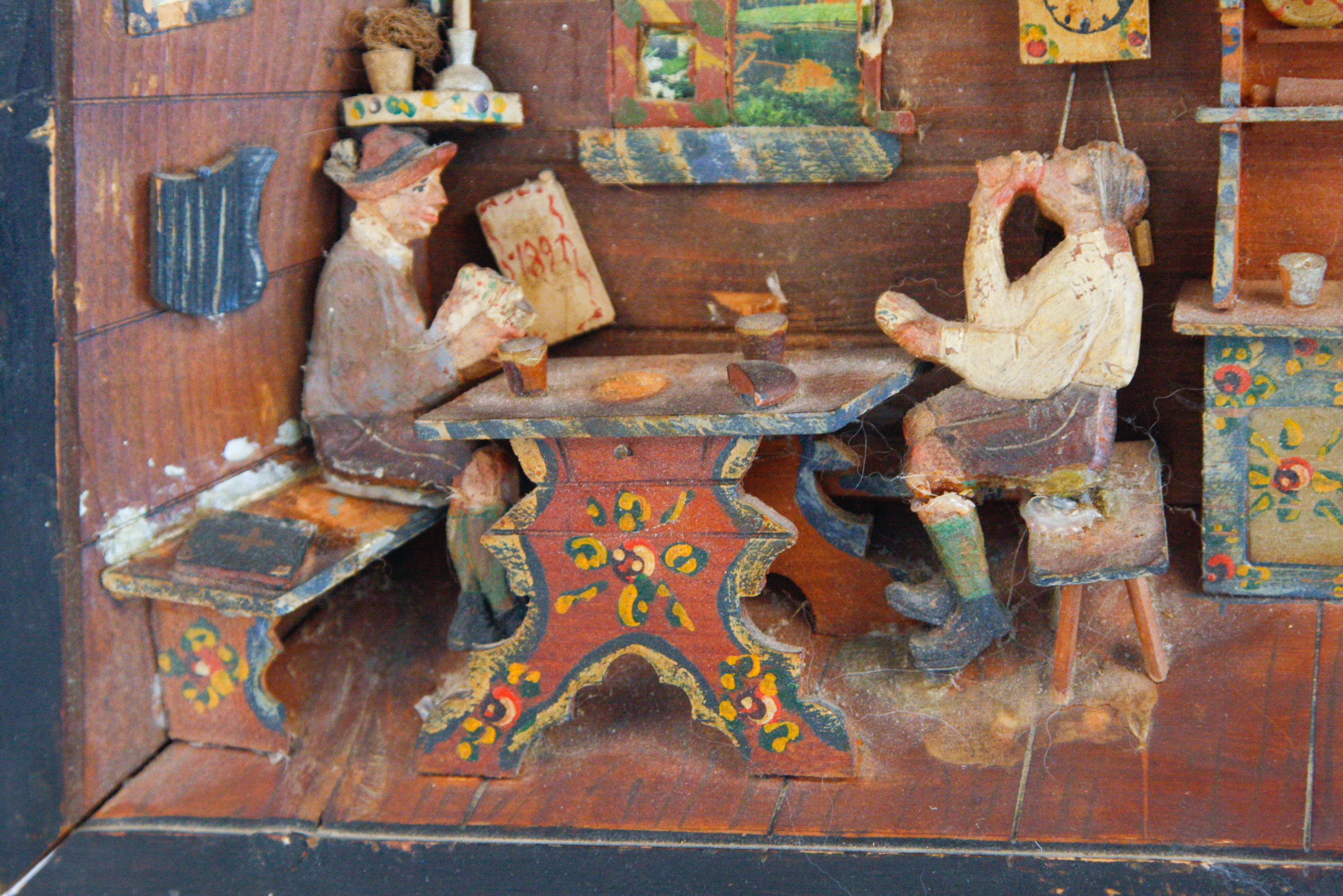 1891 Folk Art Diorama of Two Men Playing Cards