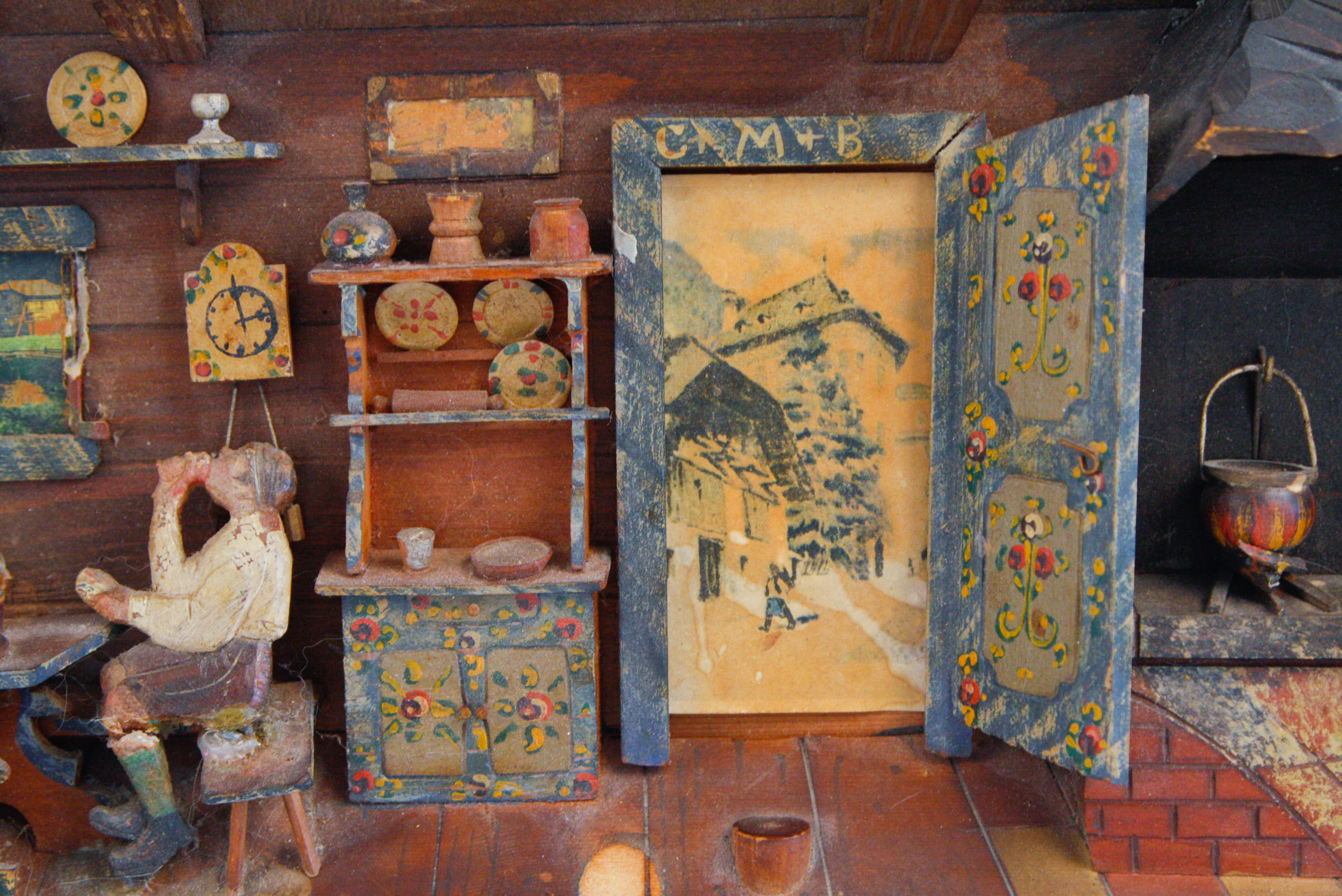 1891 Folk Art Diorama of Two Men Playing Cards