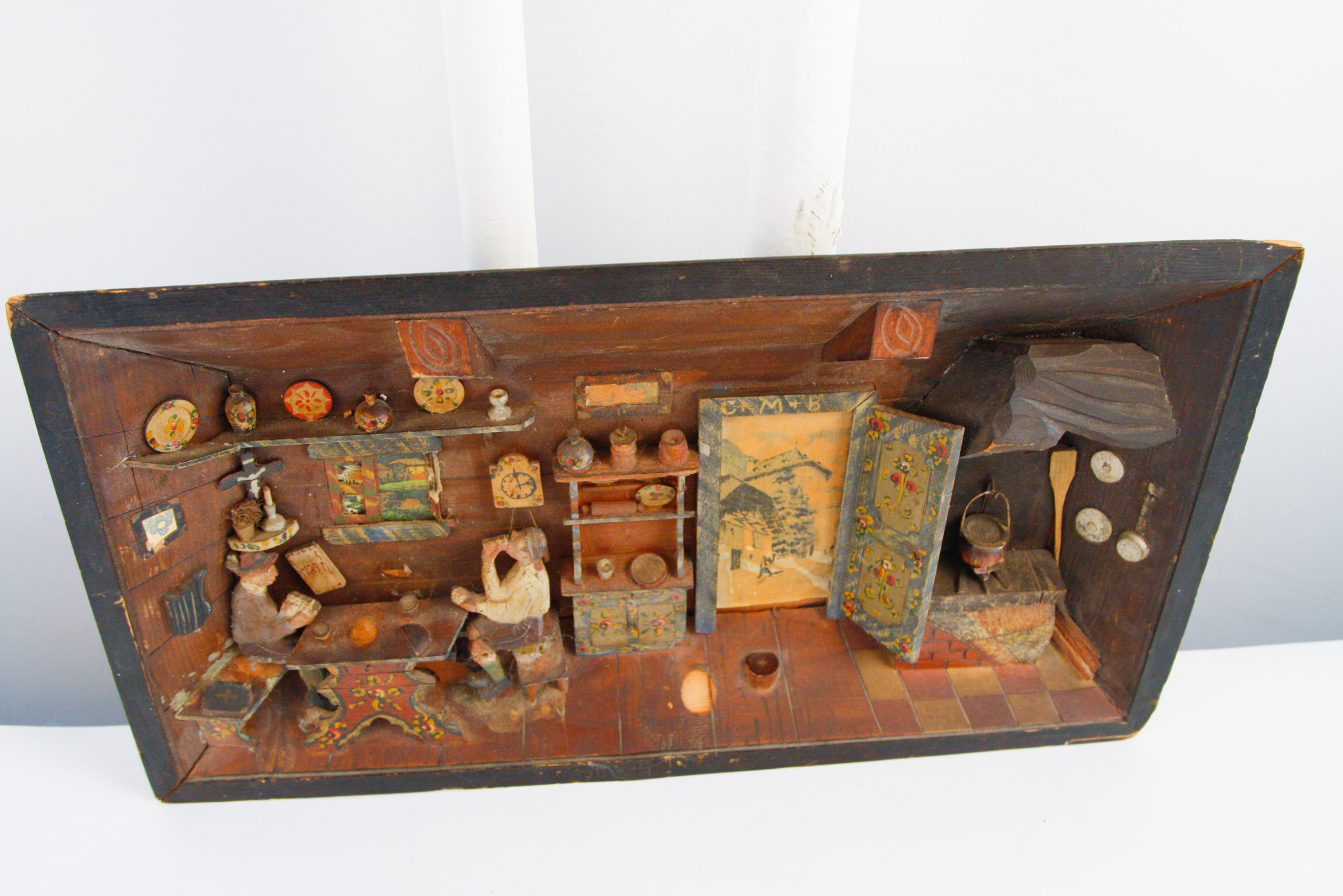 1891 Folk Art Diorama of Two Men Playing Cards