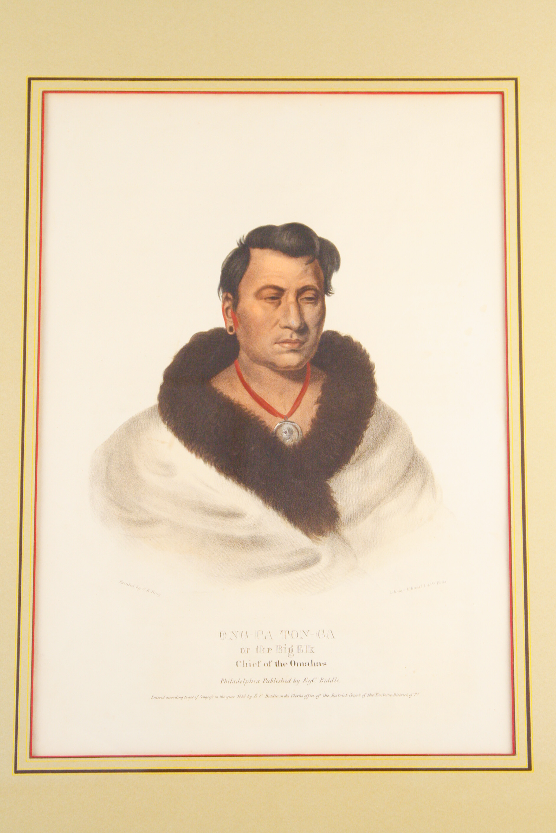 1836 McKenney & Hall Hand-Colored Lithograph "Ong-Pa-Ton-Ga or Big Elk (Cheif of the Omahas)"