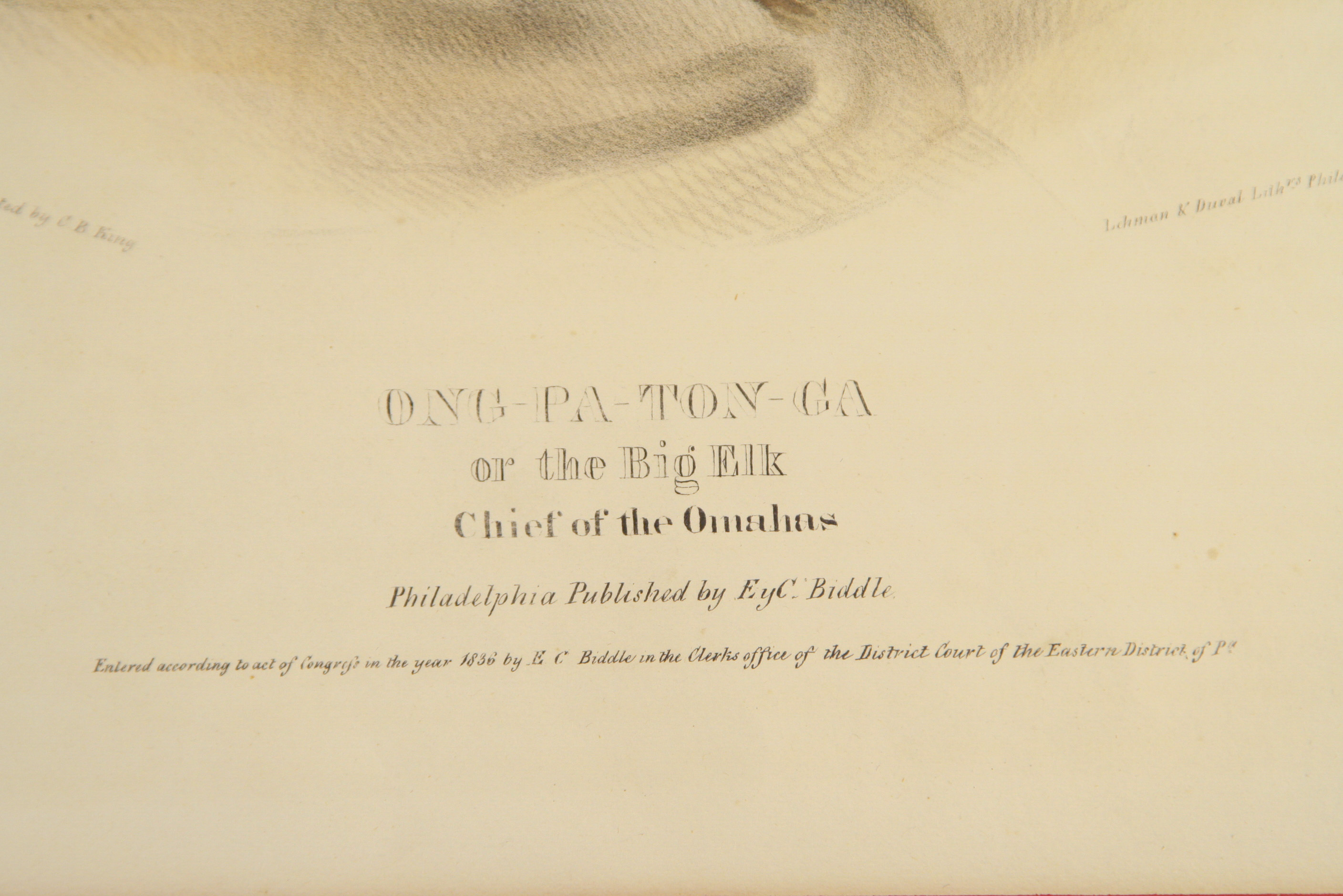 1836 McKenney & Hall Hand-Colored Lithograph "Ong-Pa-Ton-Ga or Big Elk (Cheif of the Omahas)"